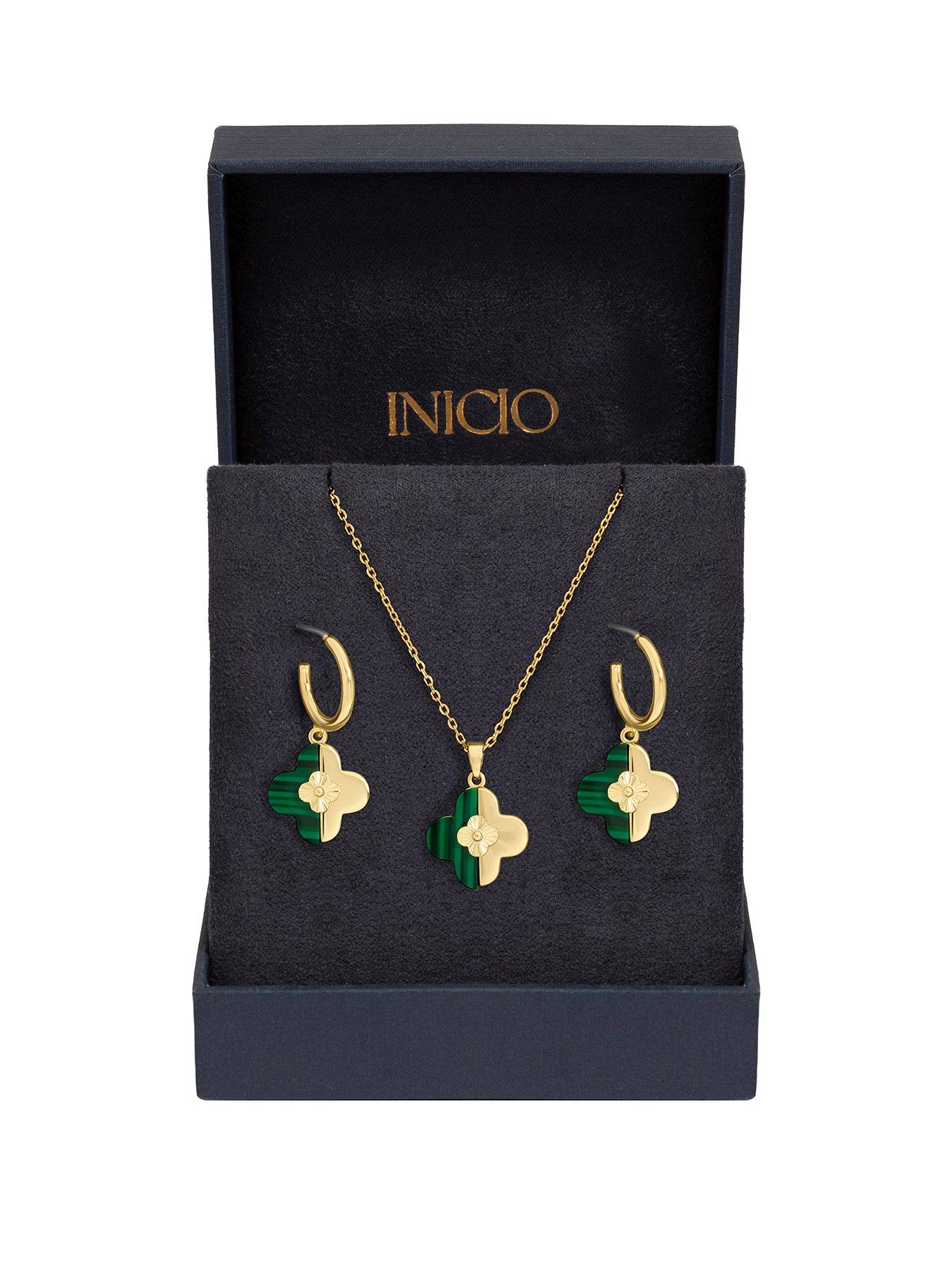 Image 1 of 4 of Inicio Gold Plated and Malachite Clover Set - Gift Box