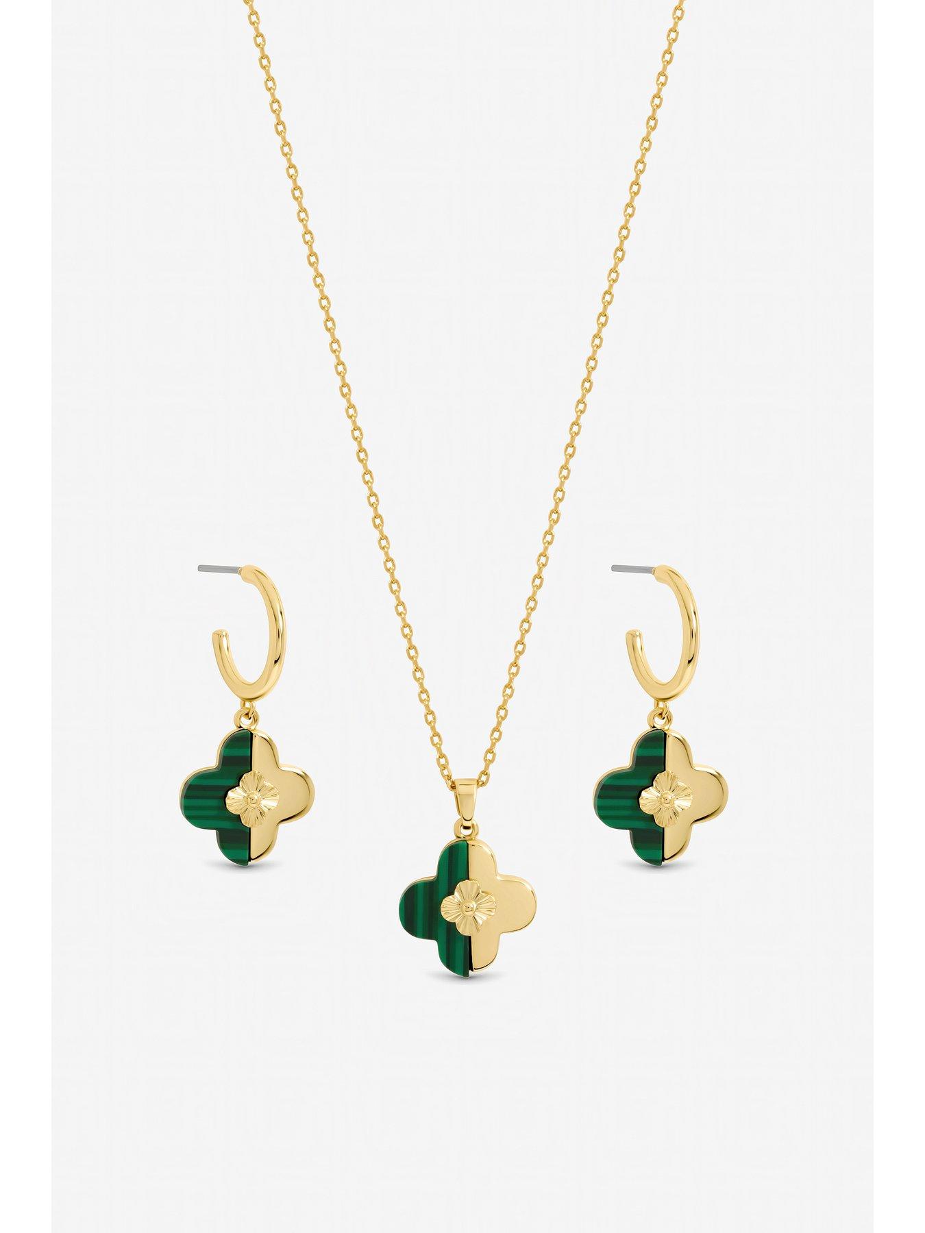 Image 3 of 4 of Inicio Gold Plated and Malachite Clover Set - Gift Box