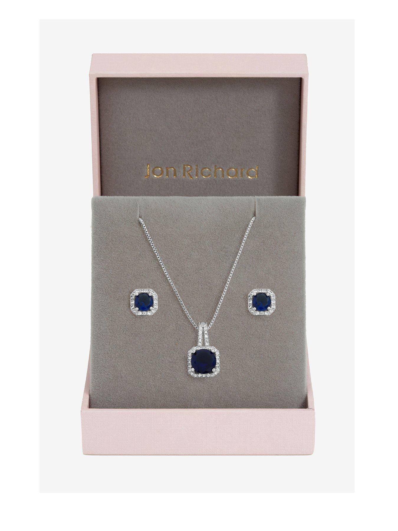 Jon Richard Rhodium Plated Cubic Zirconia and Sapphire Square Drop Set - Gift Box