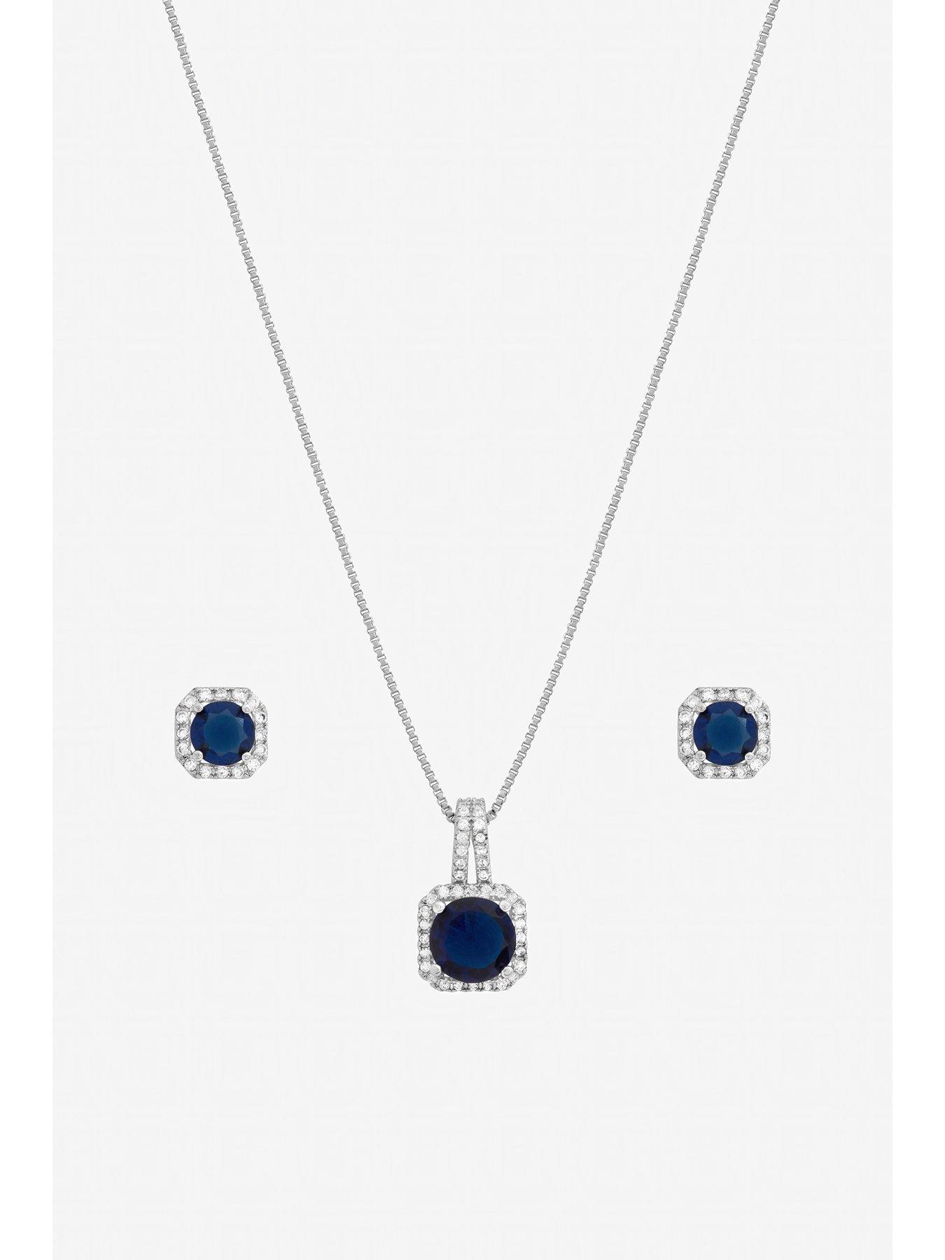 Image 2 of 4 of Jon Richard Rhodium Plated Cubic Zirconia and Sapphire Square Drop Set - Gift Box
