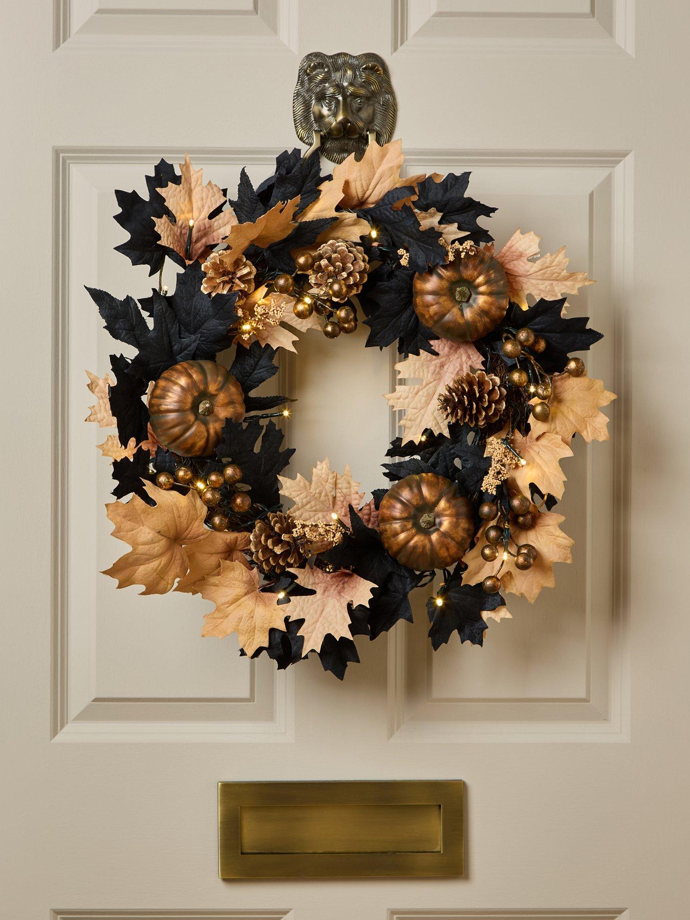 Image 1 of 5 of The Very Collection Autumn/Halloween&nbsp;Pre Lit Black/beige Leaf Wreath
