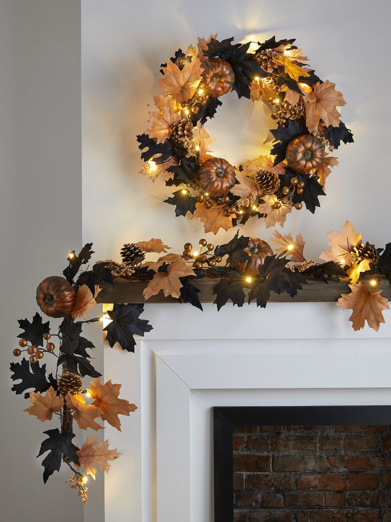Image 2 of 5 of The Very Collection Autumn/Halloween&nbsp;Pre Lit Black/beige Leaf Wreath