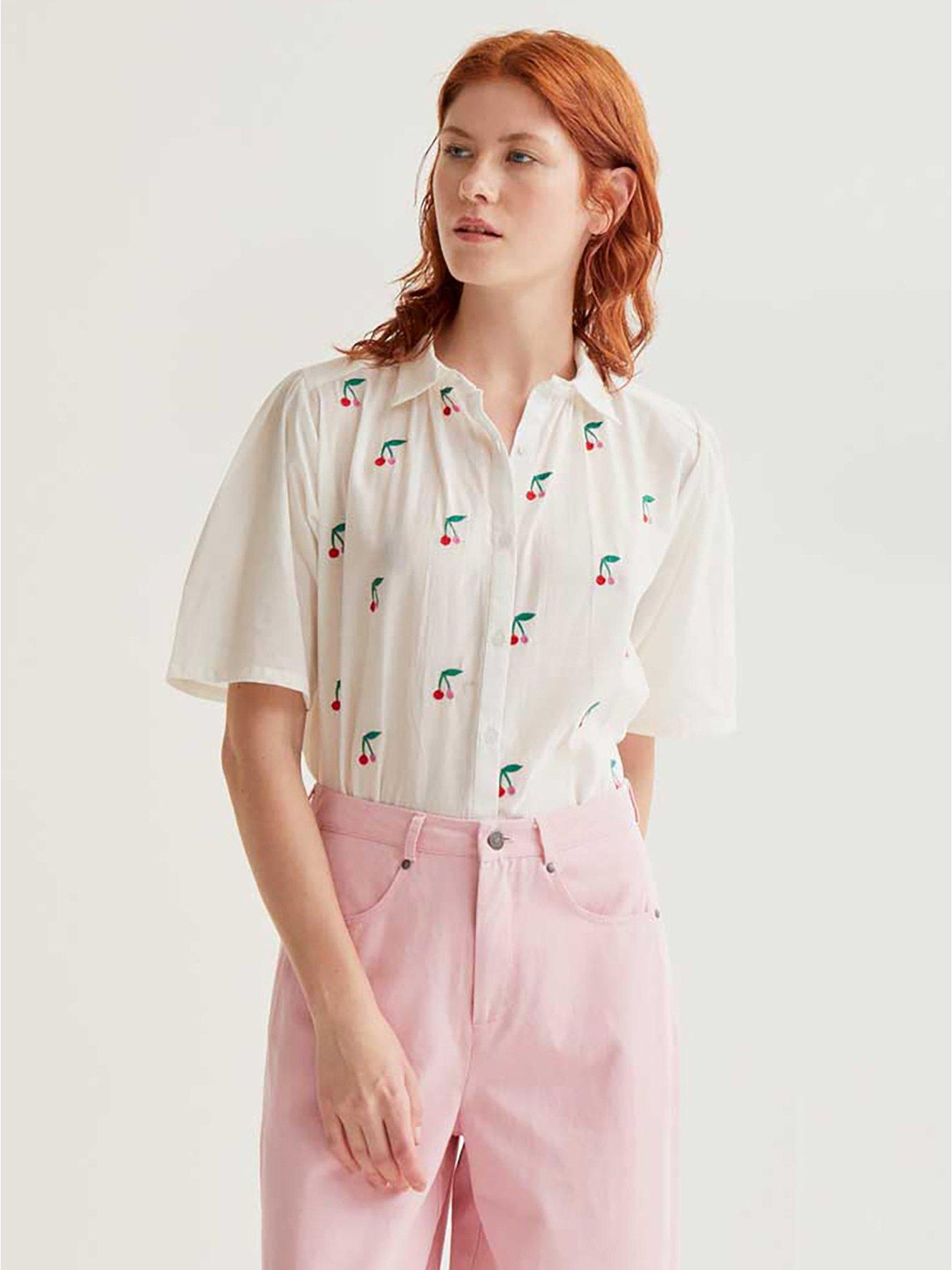 Compania Fantastica Cherries Short Sleeve Shirt, White, Size Xl, Women