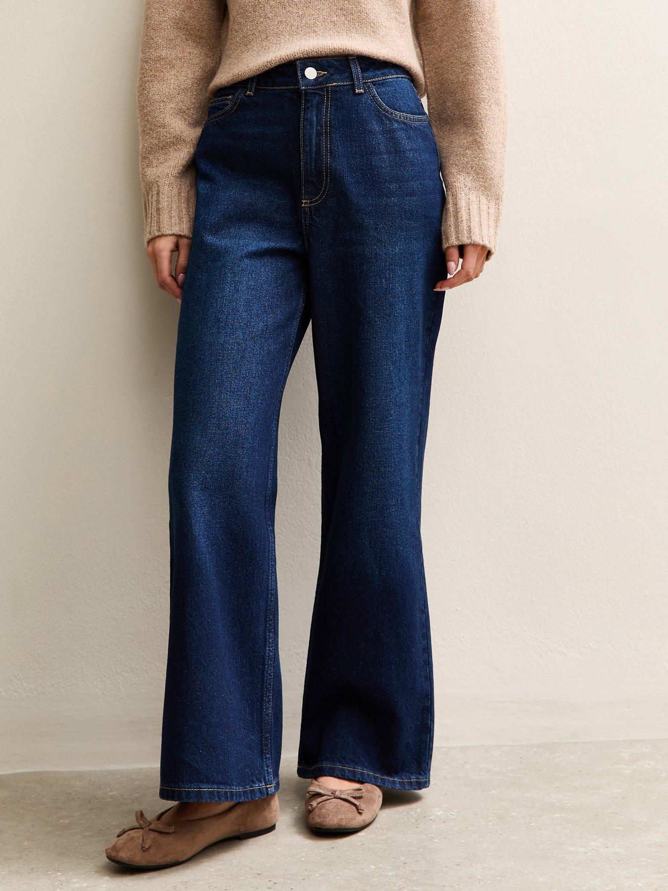 Image 1 of 4 of New Look Petite High Rise Wide Leg Jeans - Dark Blue