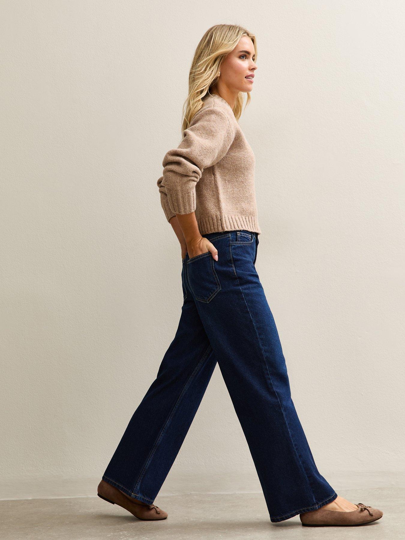 Image 4 of 4 of New Look Petite High Rise Wide Leg Jeans - Dark Blue