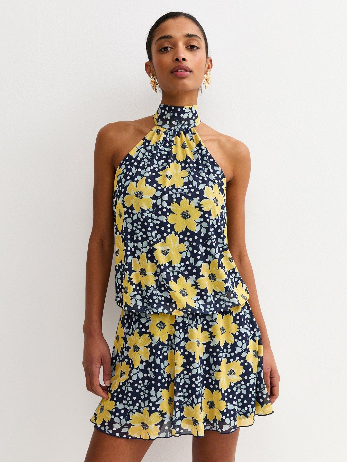 New Look Floral Mesh Halter Neck Mini Dress - Blue