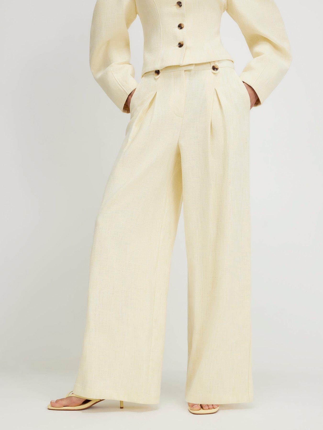 Image 1 of 5 of River Island Linen Co-ord Wide Leg Trousers - Yellow