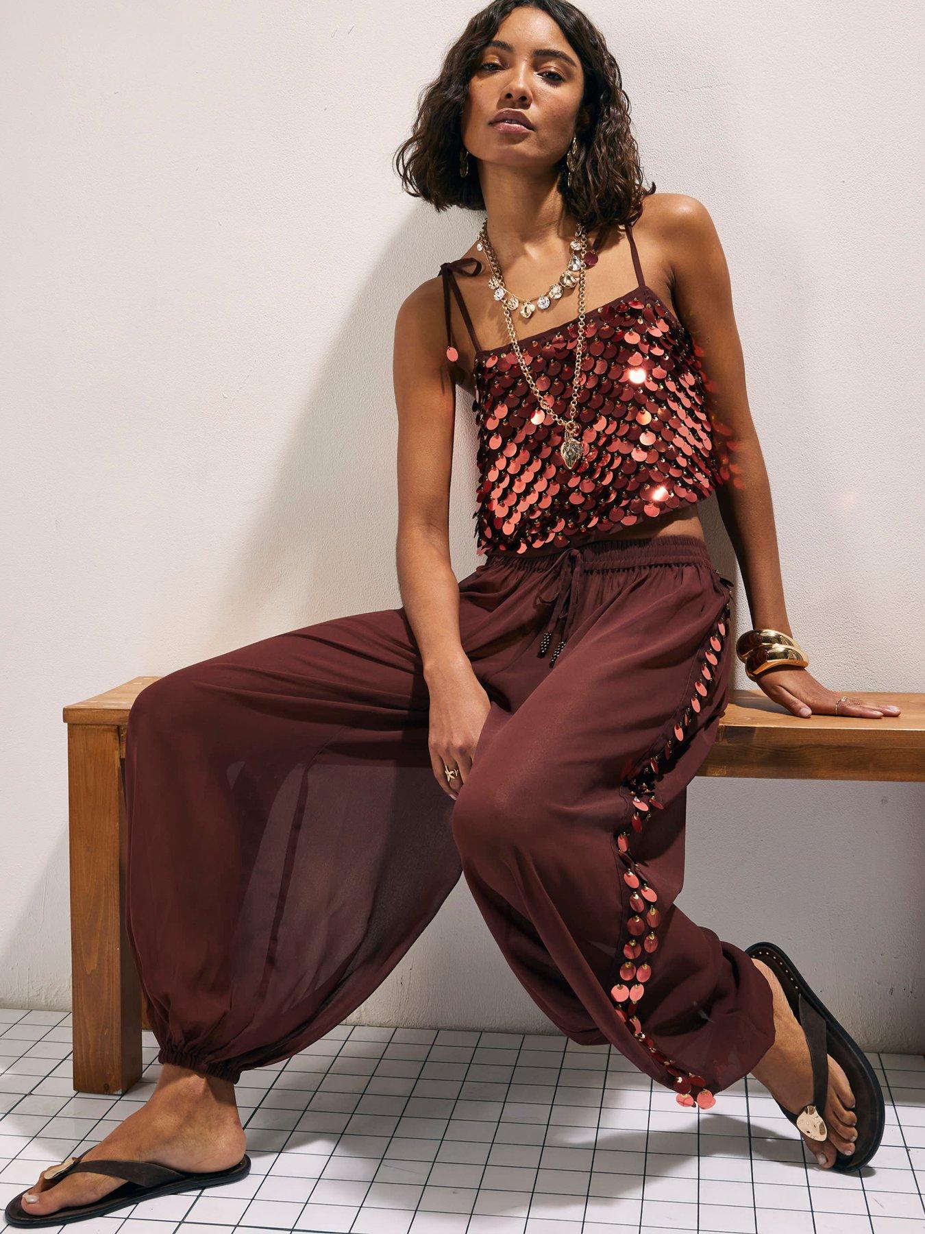 Image 1 of 6 of River Island Sequin Side Panel Balloon Trousers - Brown