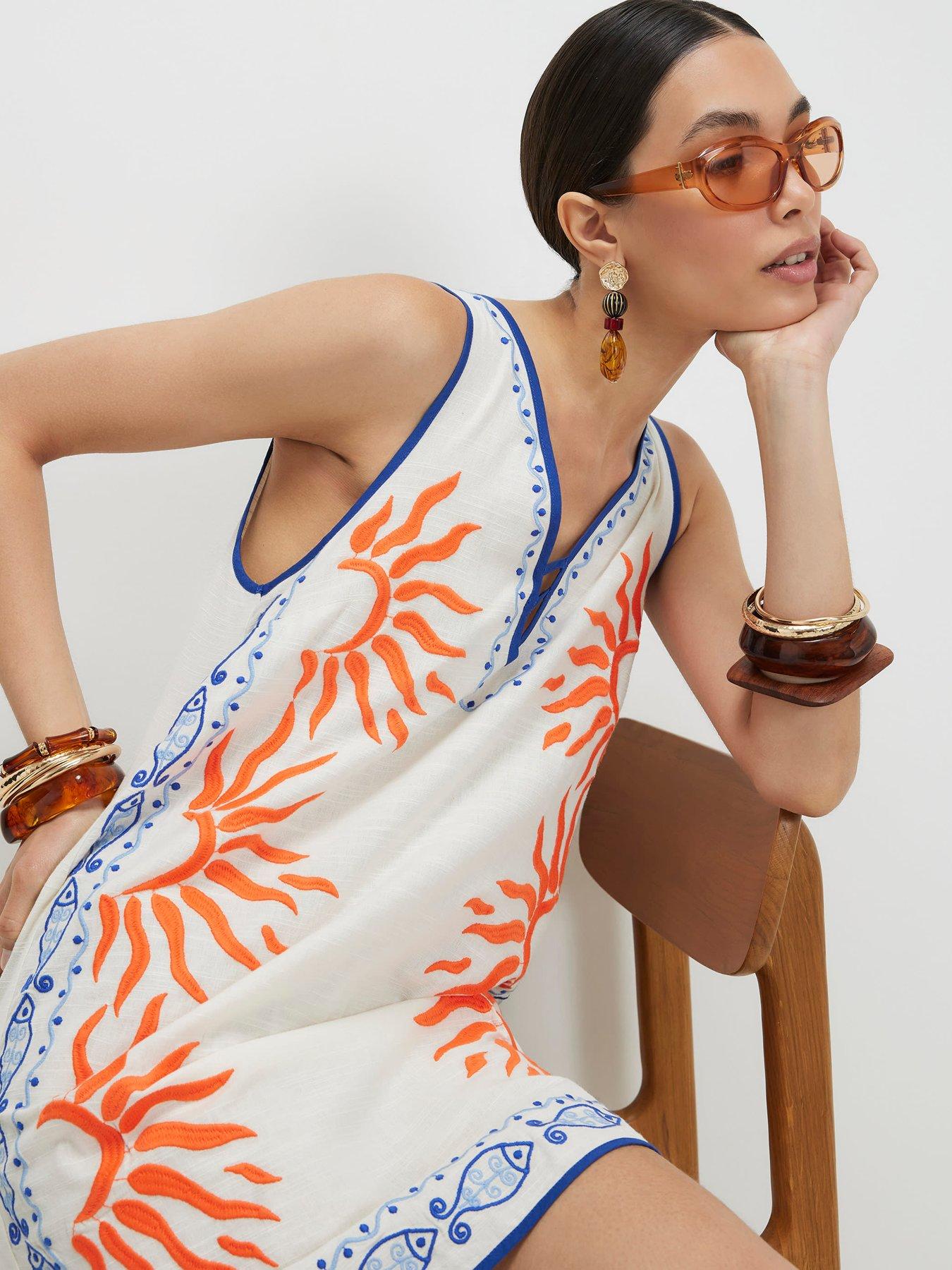 Image 4 of 4 of River Island Sun Embroidered Border Dress - Cream