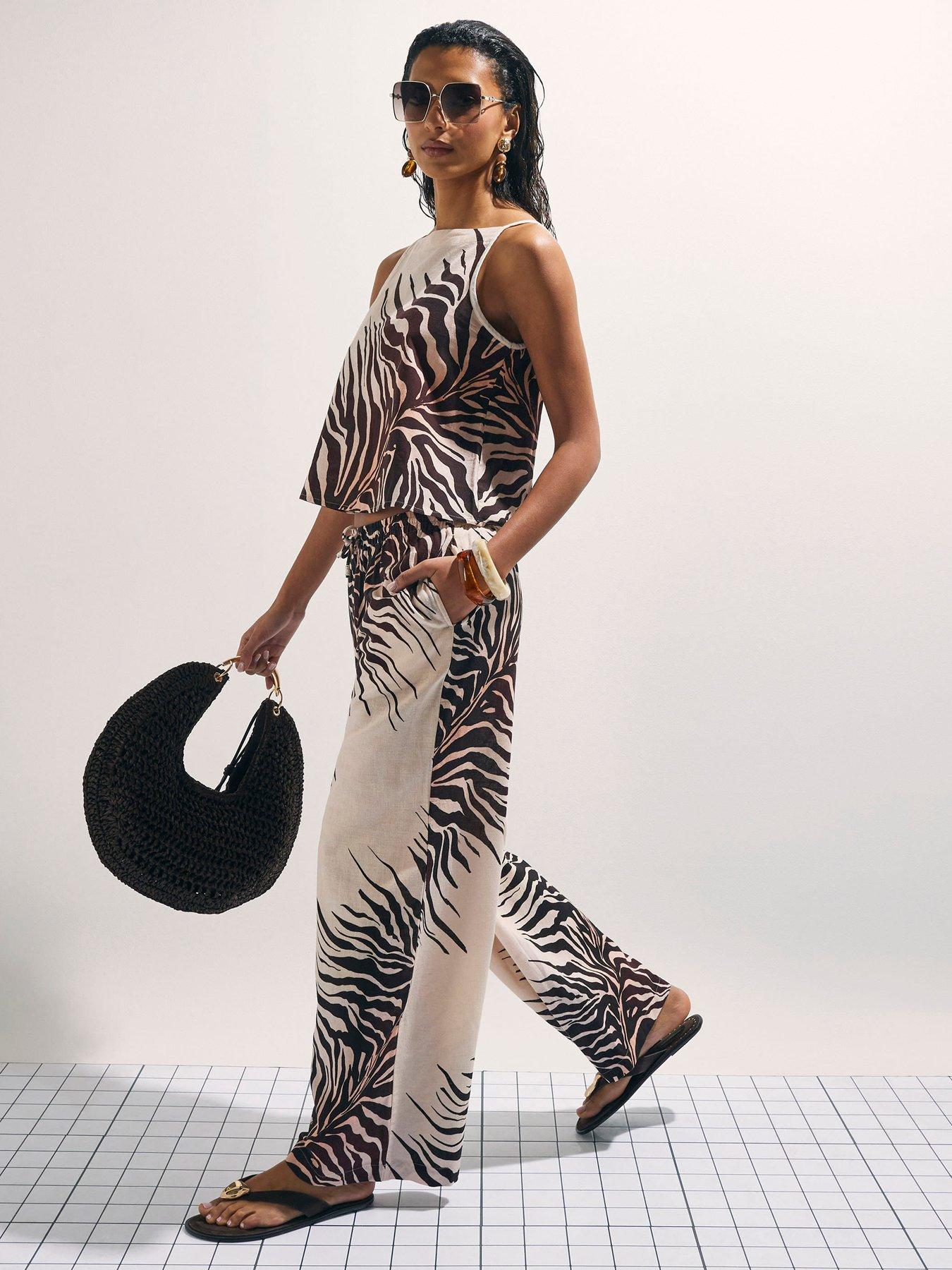 Image 1 of 4 of River Island Animal Printed Linen Trousers - Cream