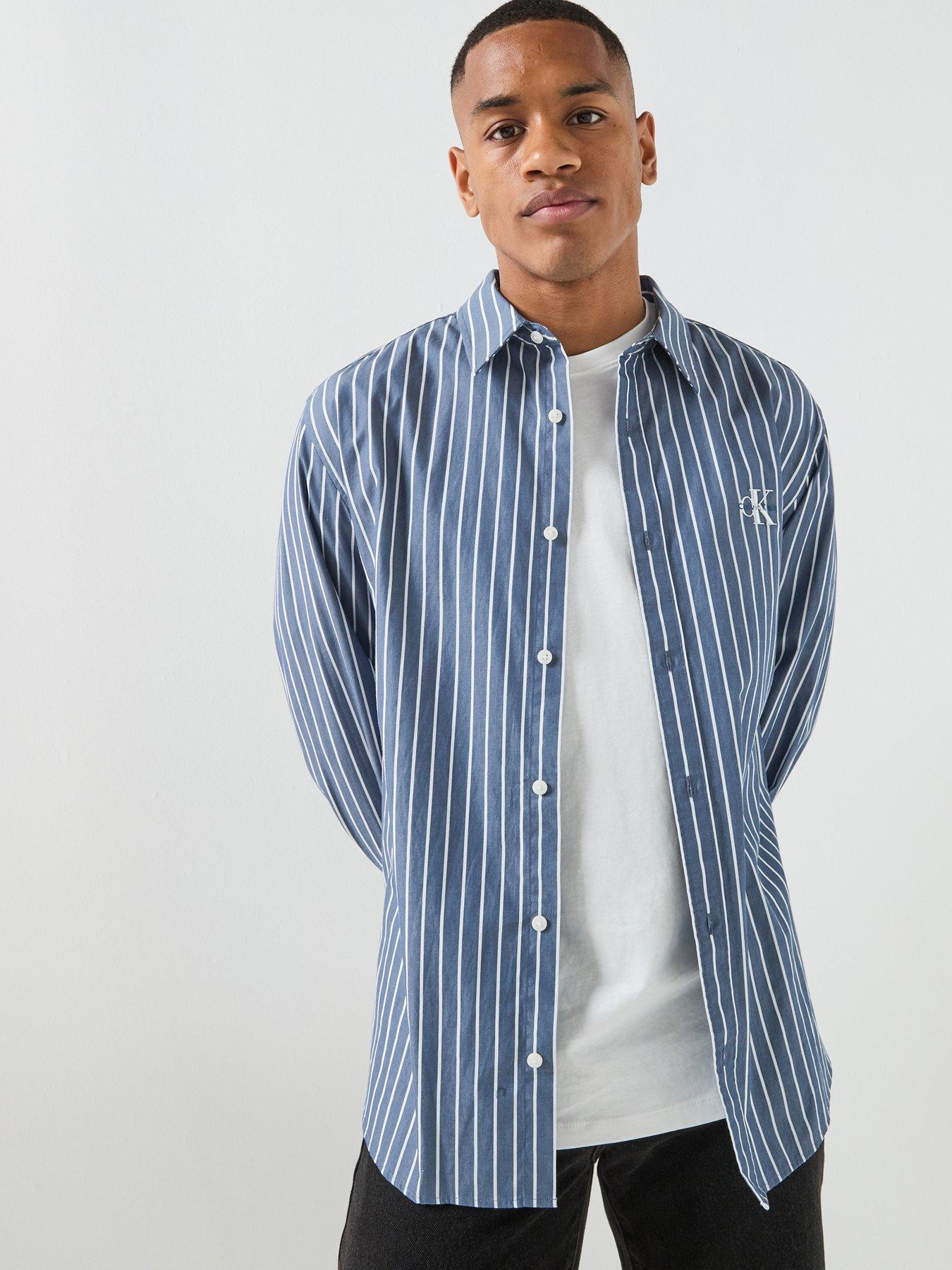 Calvin Klein Jeans Long Sleeve Stripe Washed Poplin Relaxed Shirt, Navy, Size M, Men