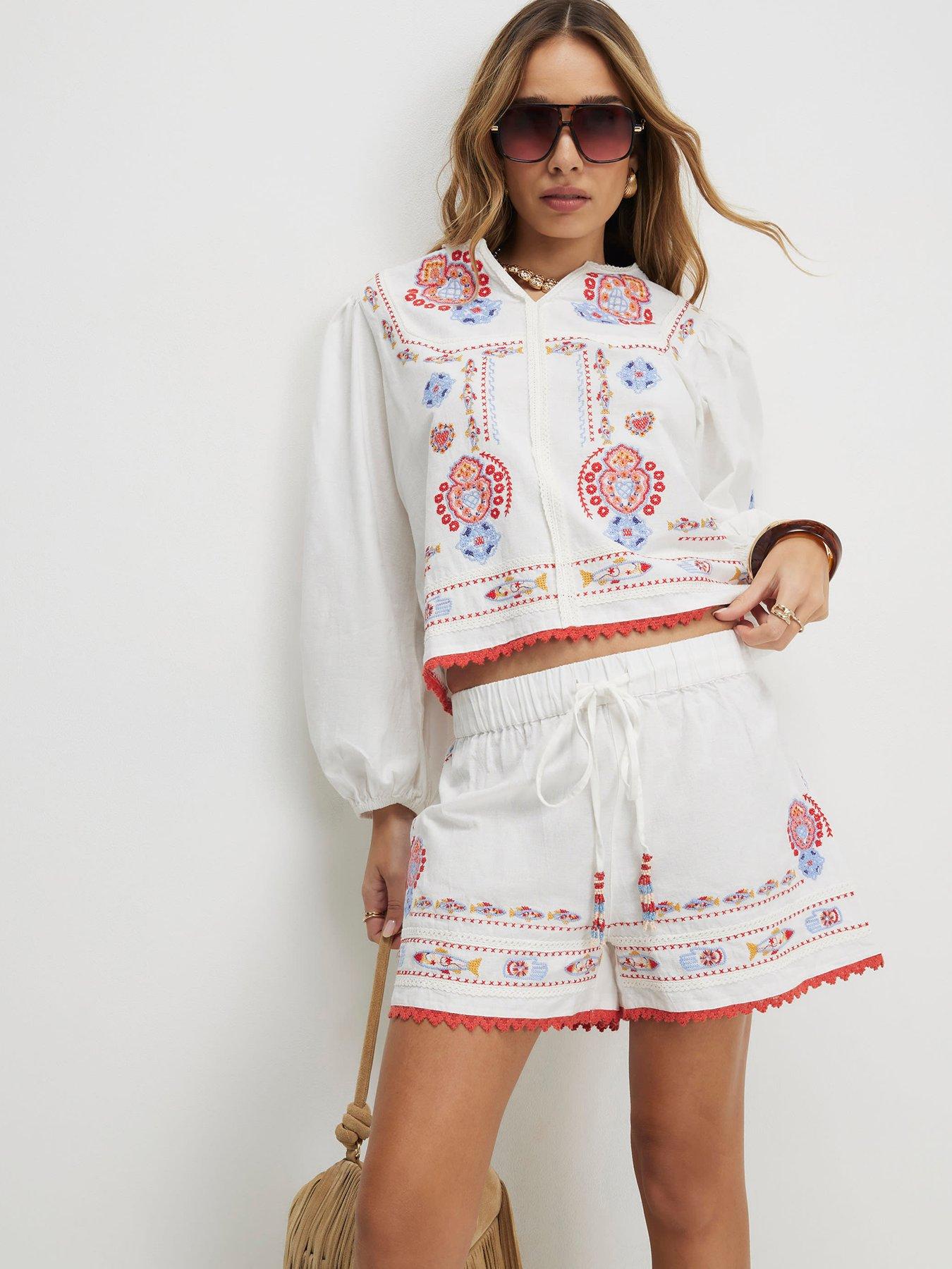 River Island Embroidered Mexicana Shorts - White