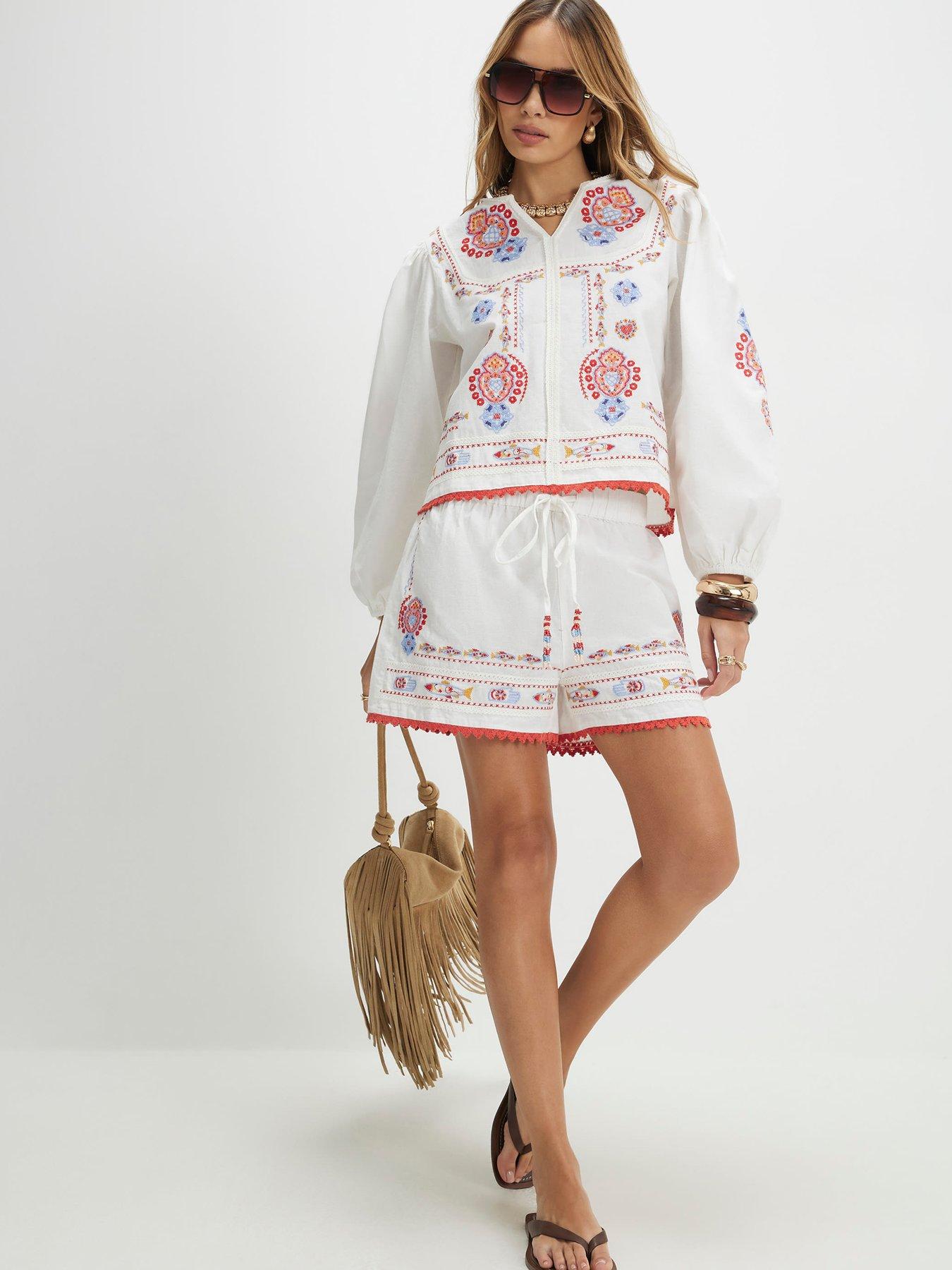 Image 3 of 6 of River Island White Embroidered Mexicana Shorts Co-ord