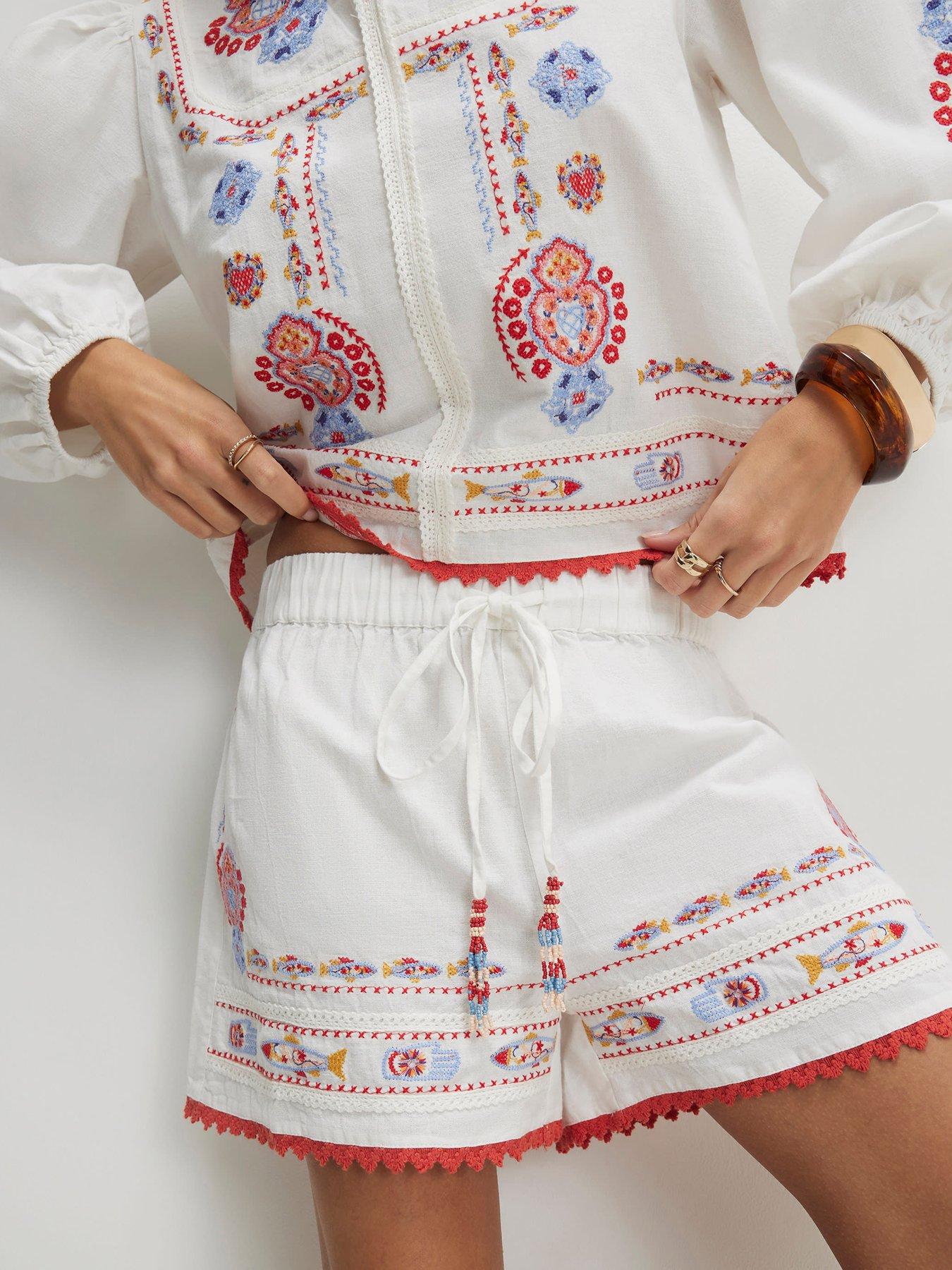 Image 4 of 6 of River Island White Embroidered Mexicana Shorts Co-ord