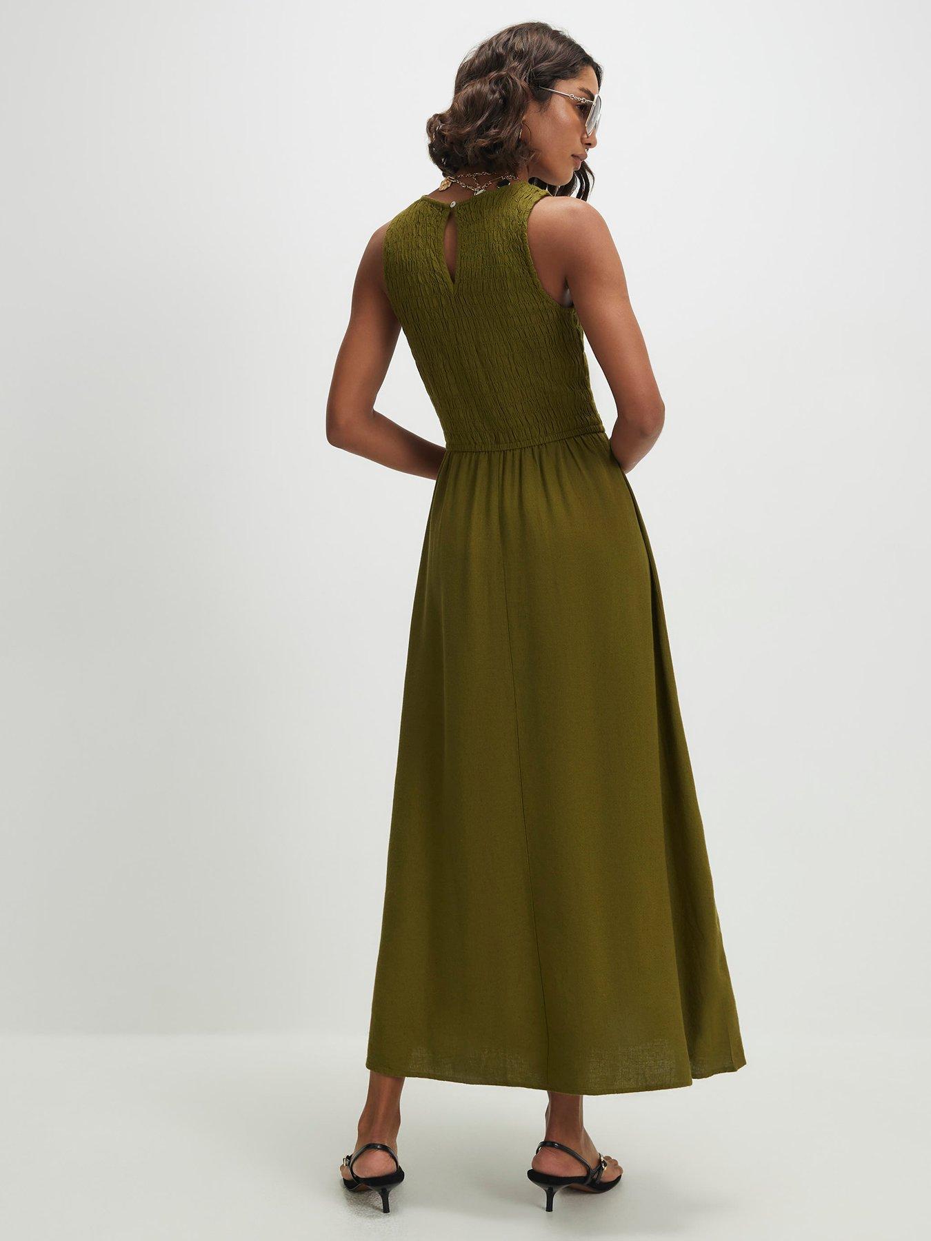 Image 2 of 6 of River Island Linen Shirred Boat Neck Midi Dress - Green
