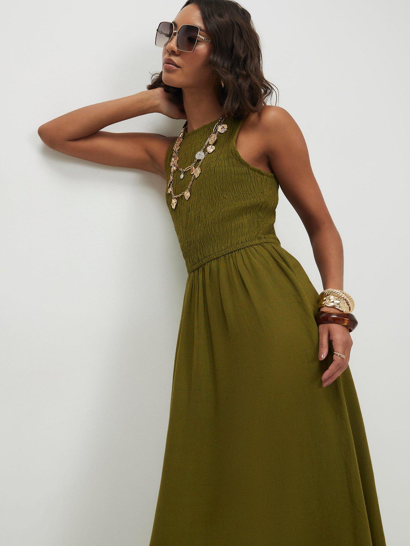 Image 4 of 6 of River Island Linen Shirred Boat Neck Midi Dress - Green