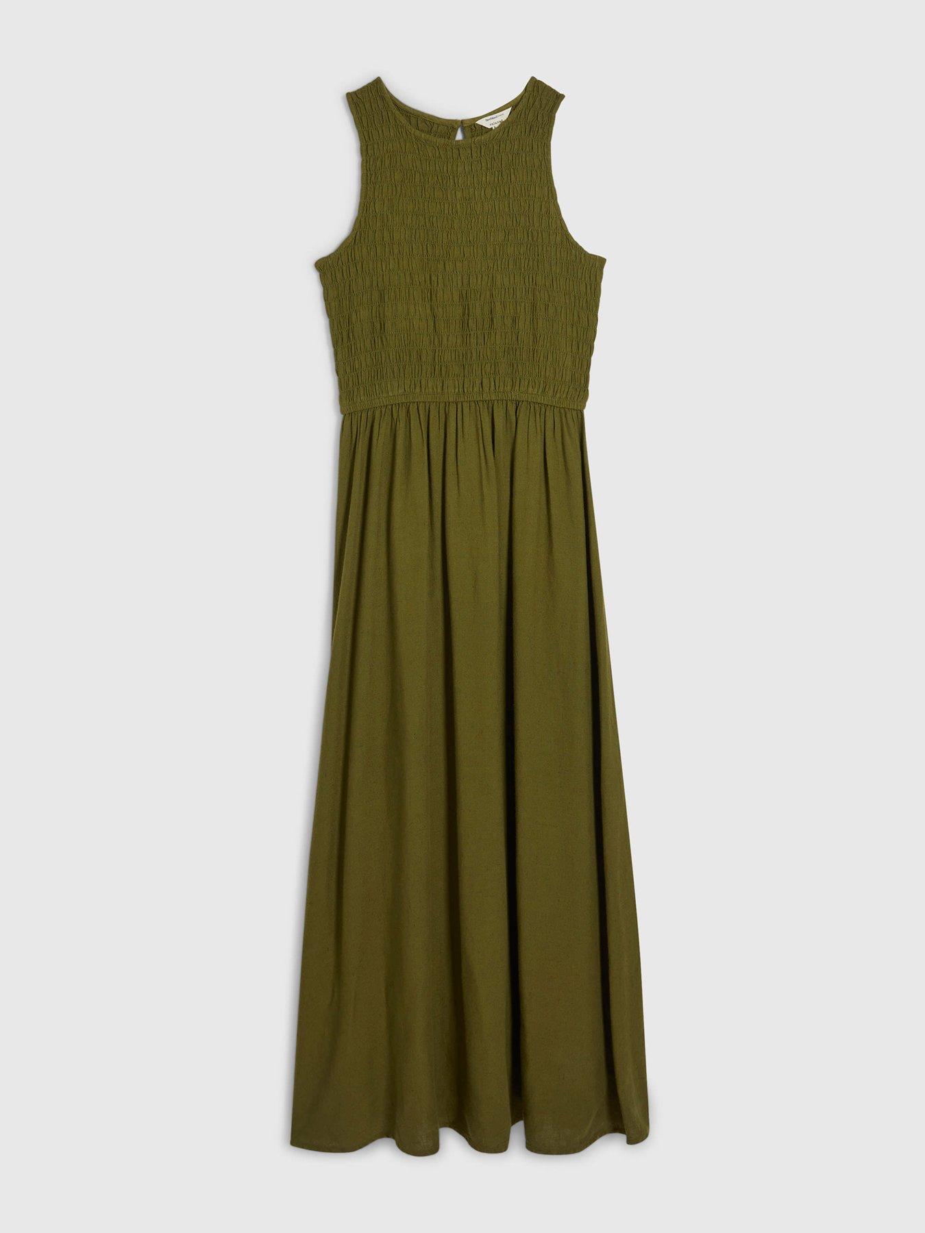 Image 5 of 6 of River Island Linen Shirred Boat Neck Midi Dress - Green