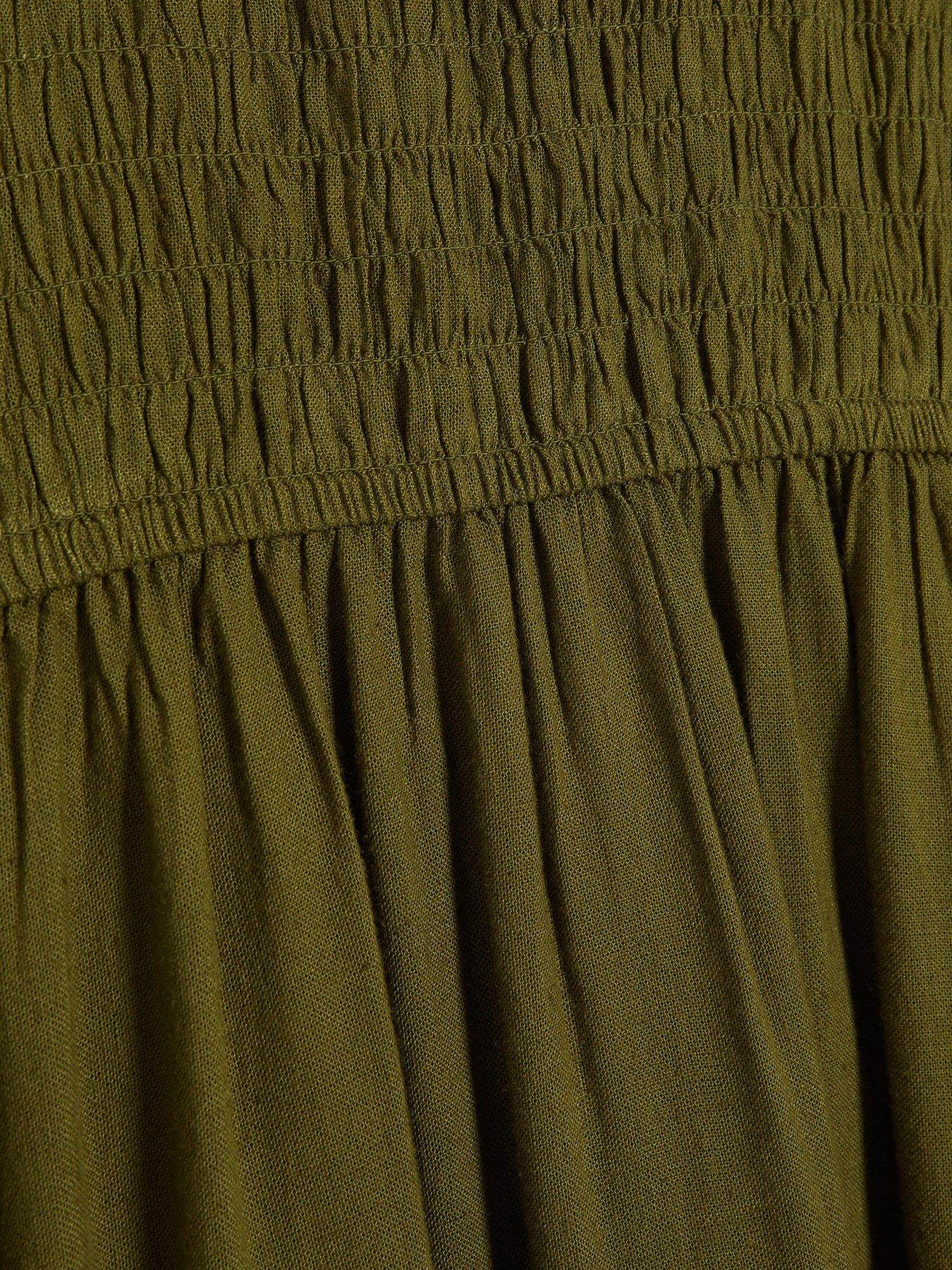 Image 6 of 6 of River Island Linen Shirred Boat Neck Midi Dress - Green