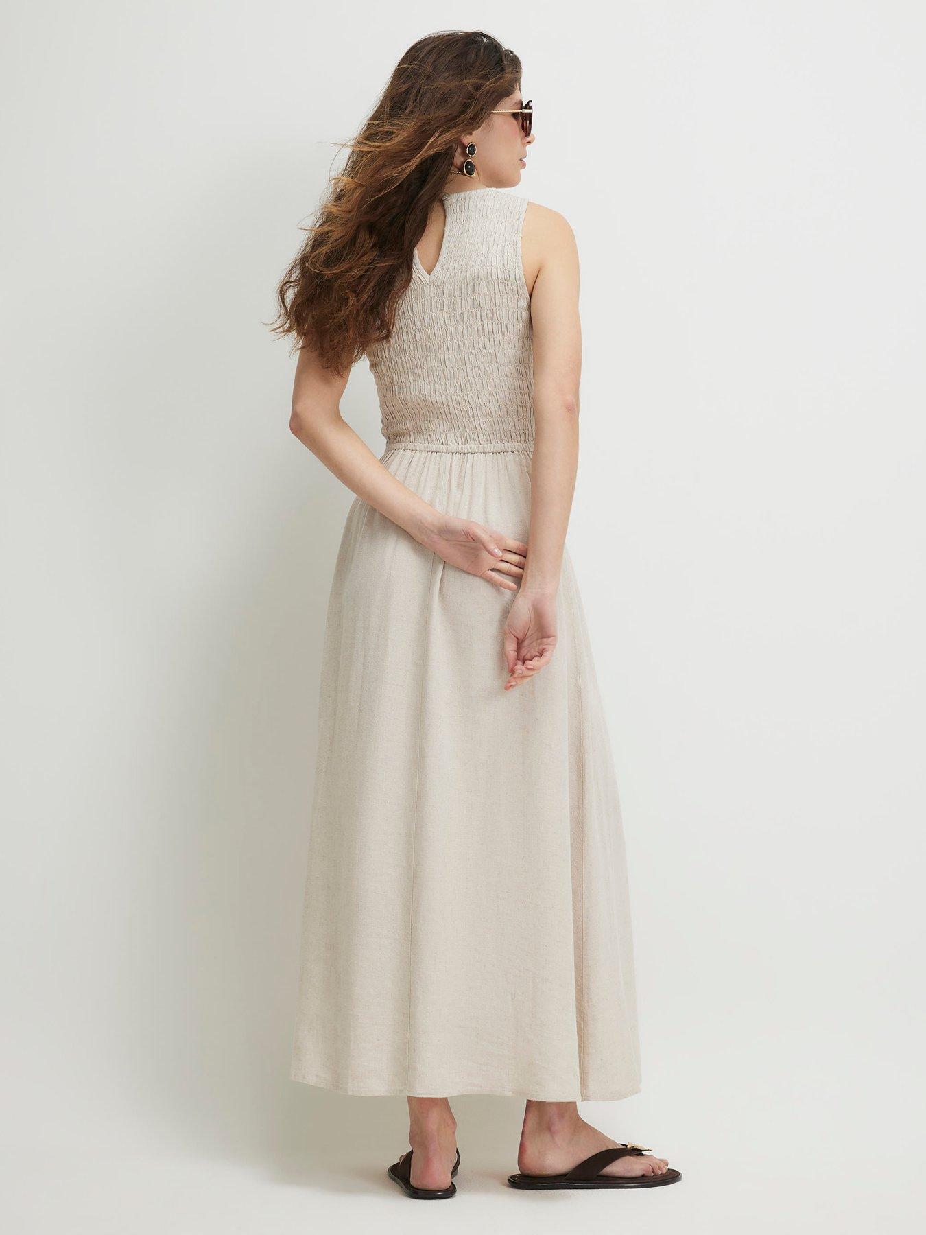 Image 2 of 6 of River Island Linen Shirred Boat Nk Midi - Beige