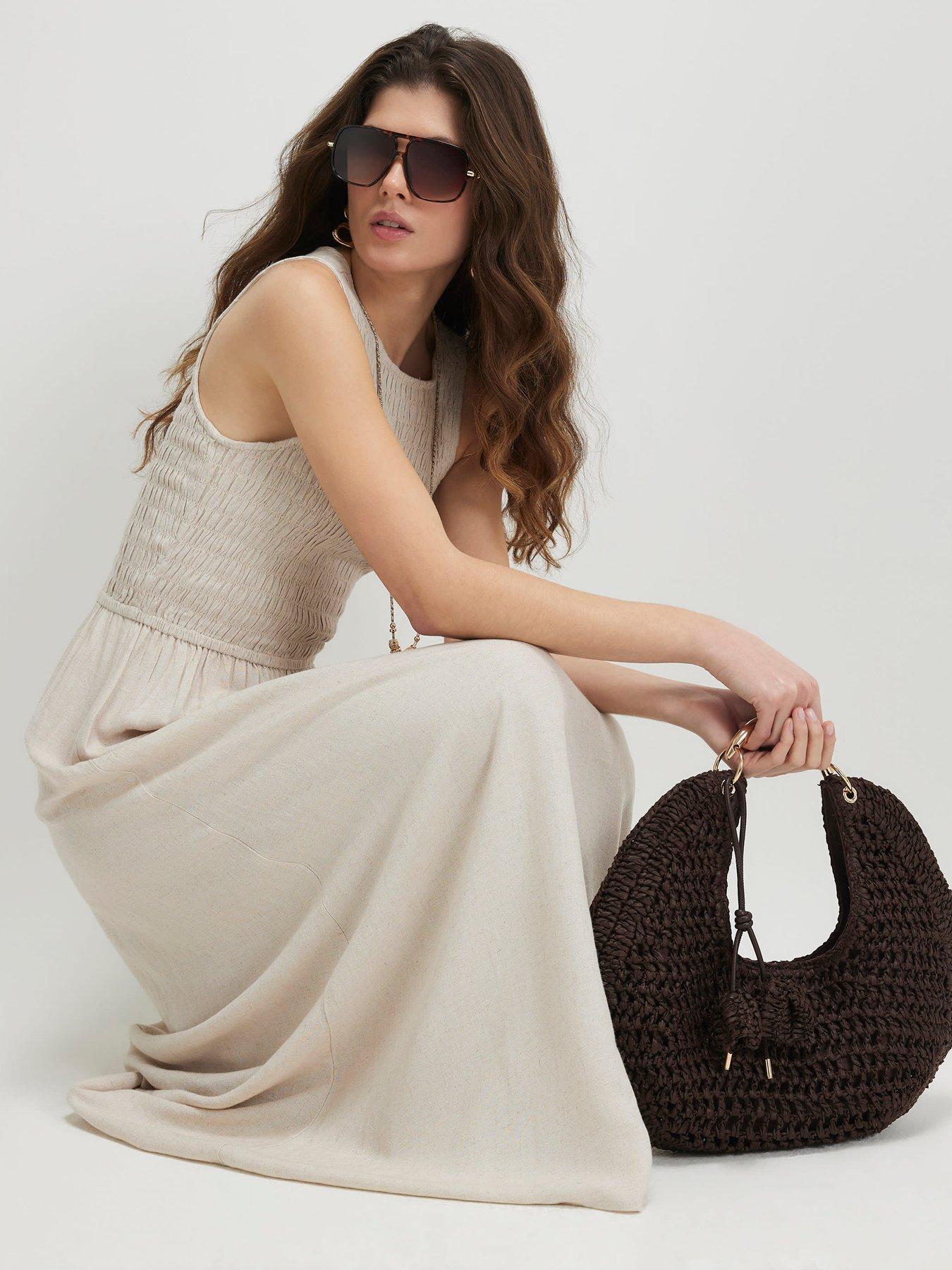 Image 3 of 6 of River Island Linen Shirred Boat Nk Midi - Beige