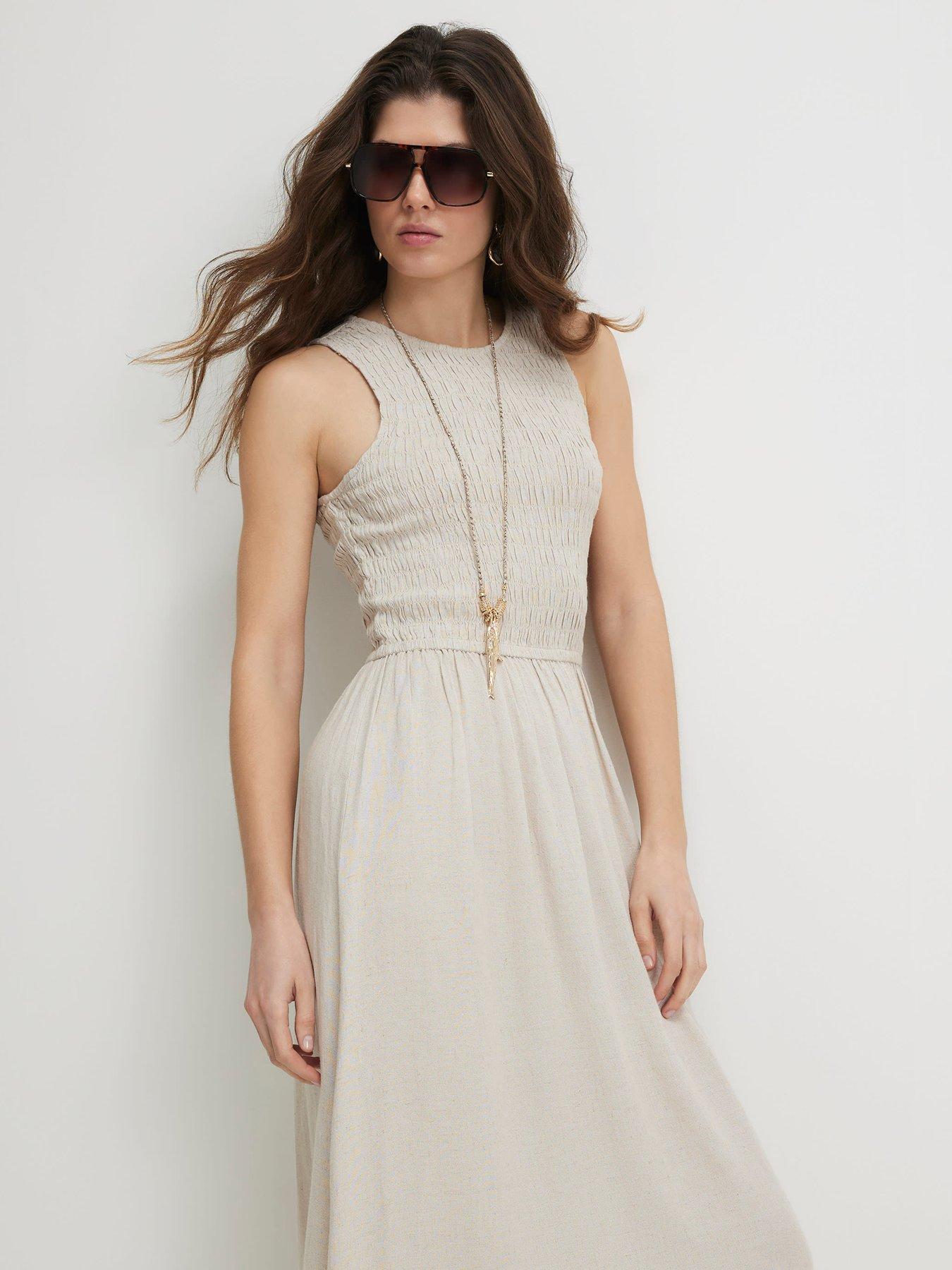 Image 4 of 6 of River Island Linen Shirred Boat Nk Midi - Beige