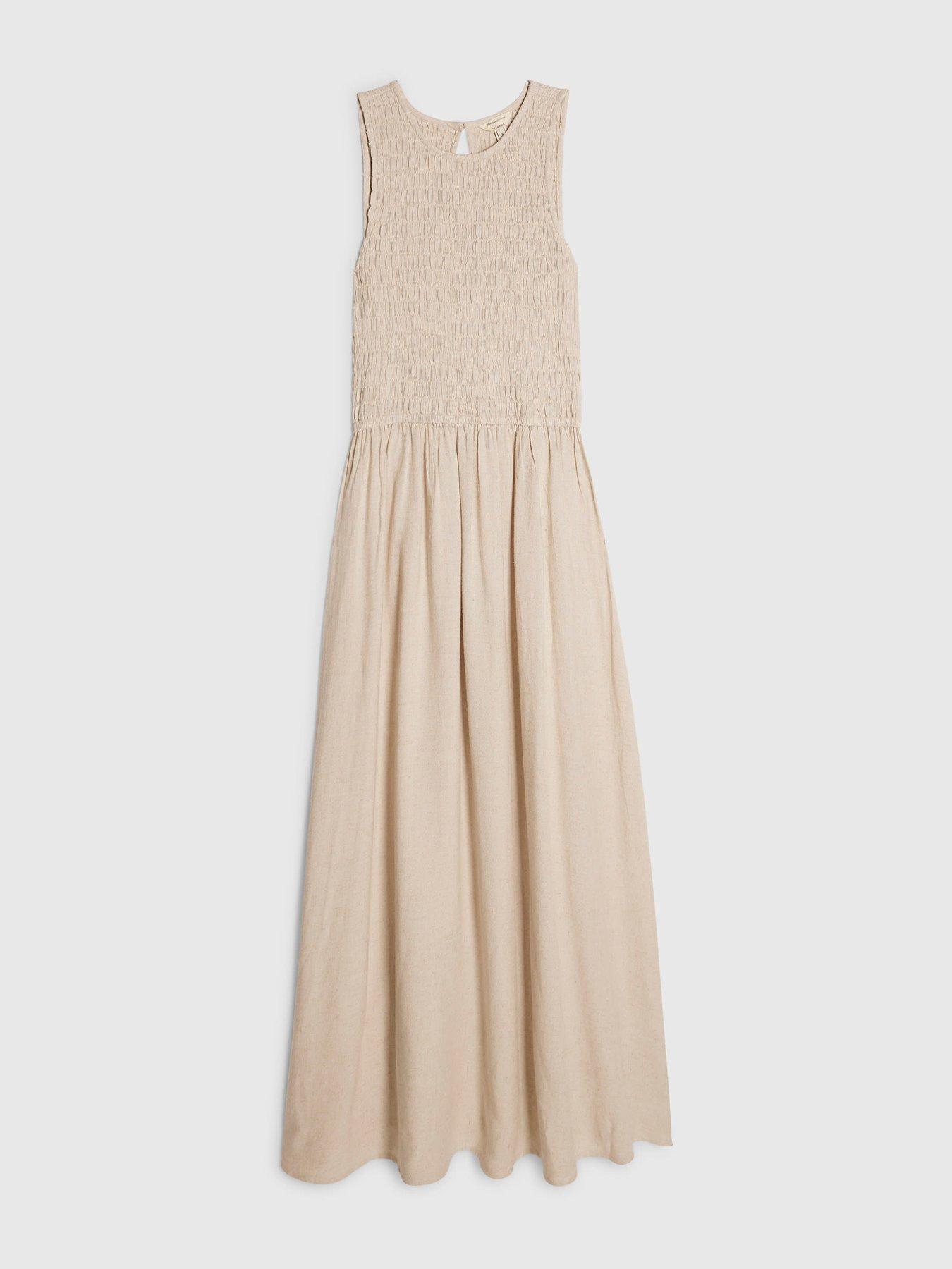 Image 5 of 6 of River Island Linen Shirred Boat Nk Midi - Beige