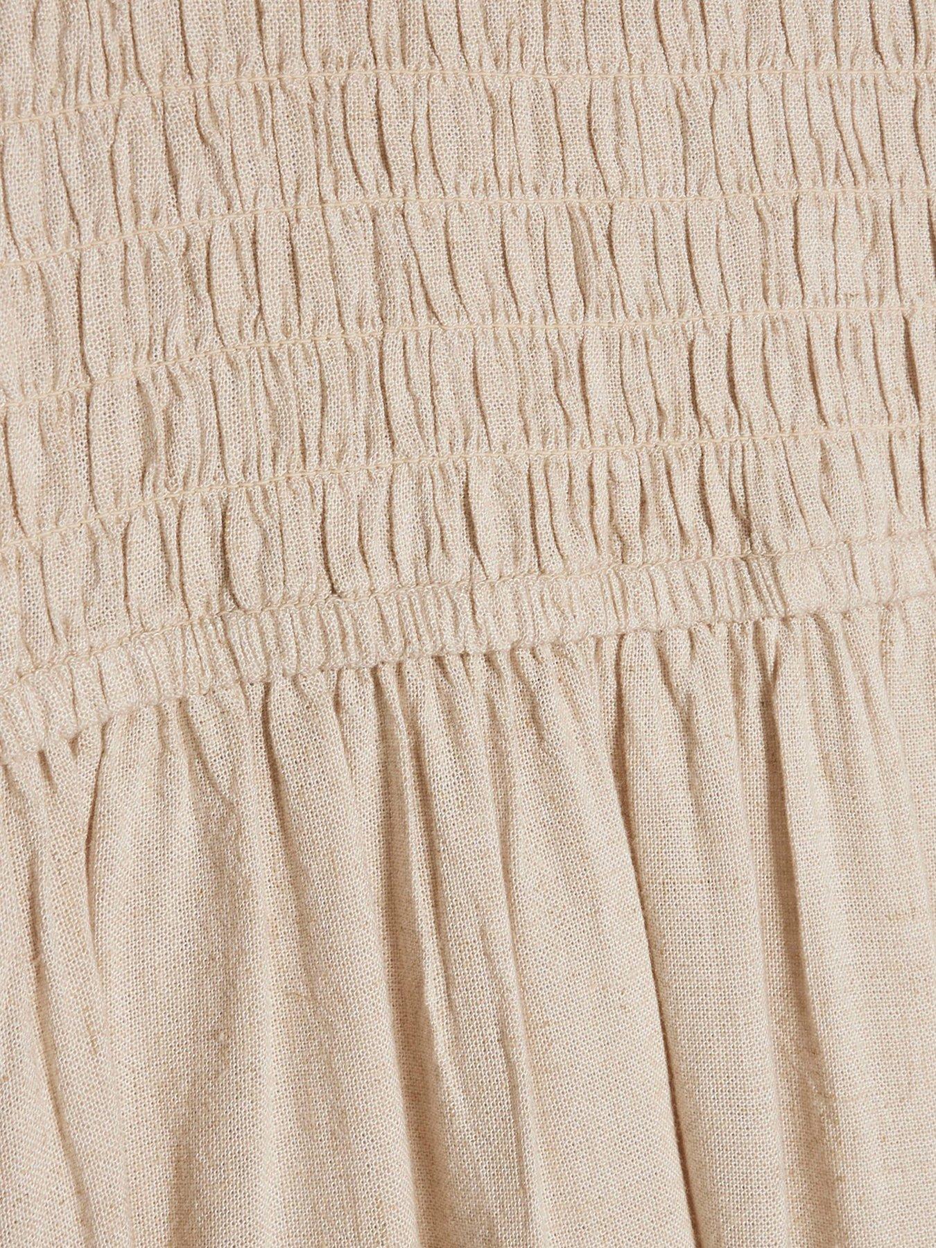 Image 6 of 6 of River Island Linen Shirred Boat Nk Midi - Beige