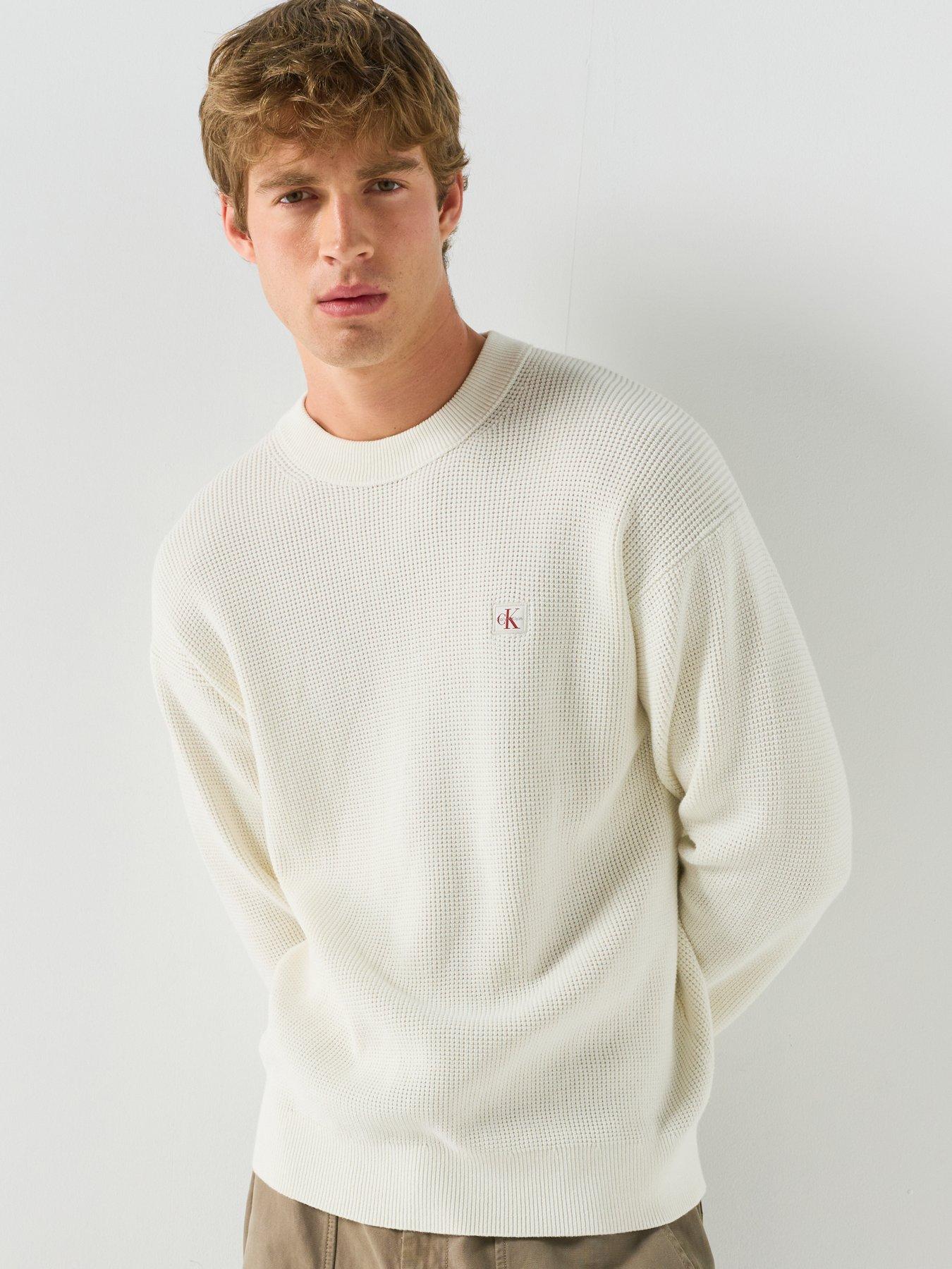 Calvin Klein Jeans Long Sleeve Cotton Waffle Jumper, White, Size L, Men