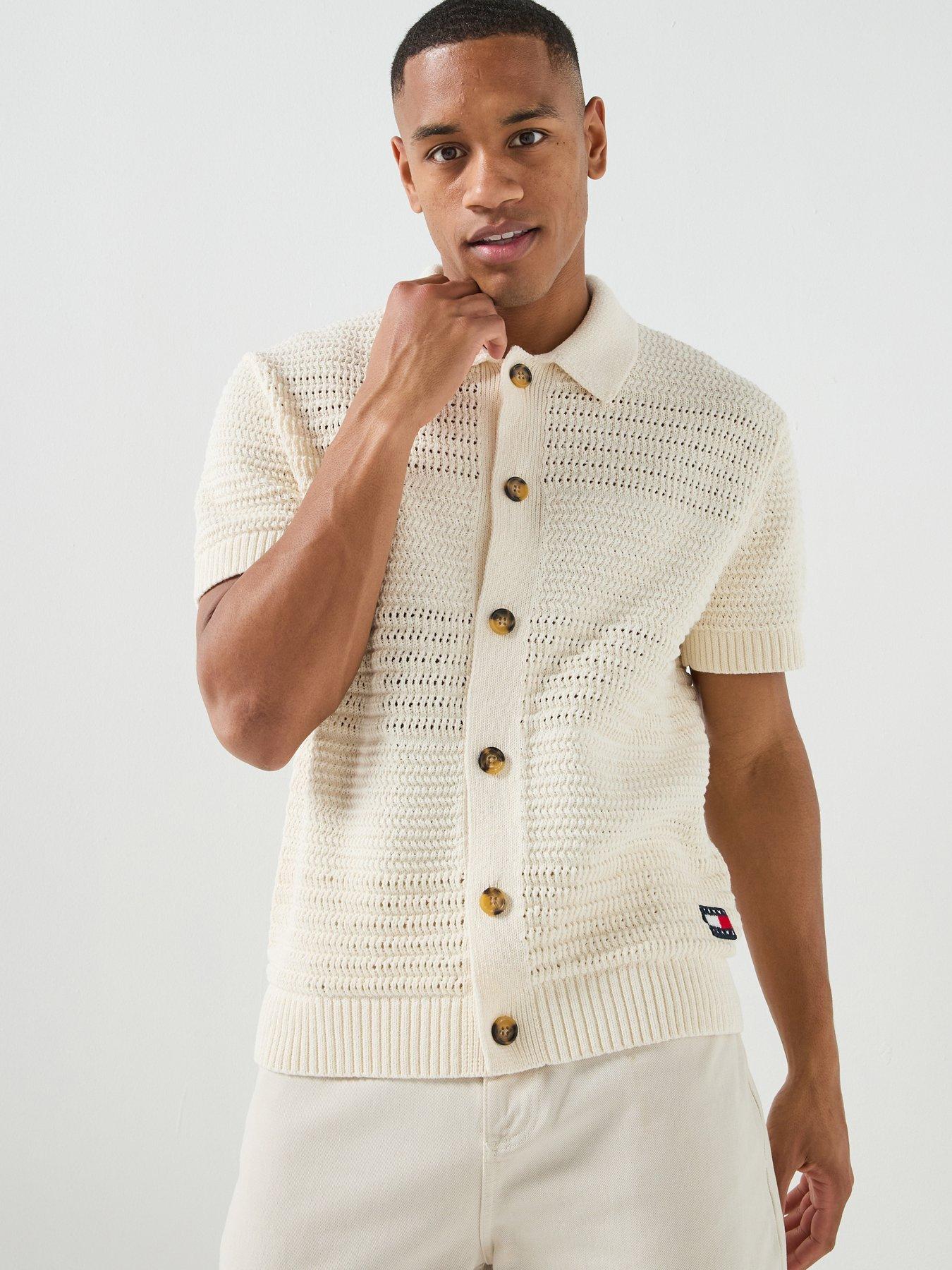 Tommy Jeans Crochet Knitted Short Sleeve Shirt, Off White, Size 2Xl, Men