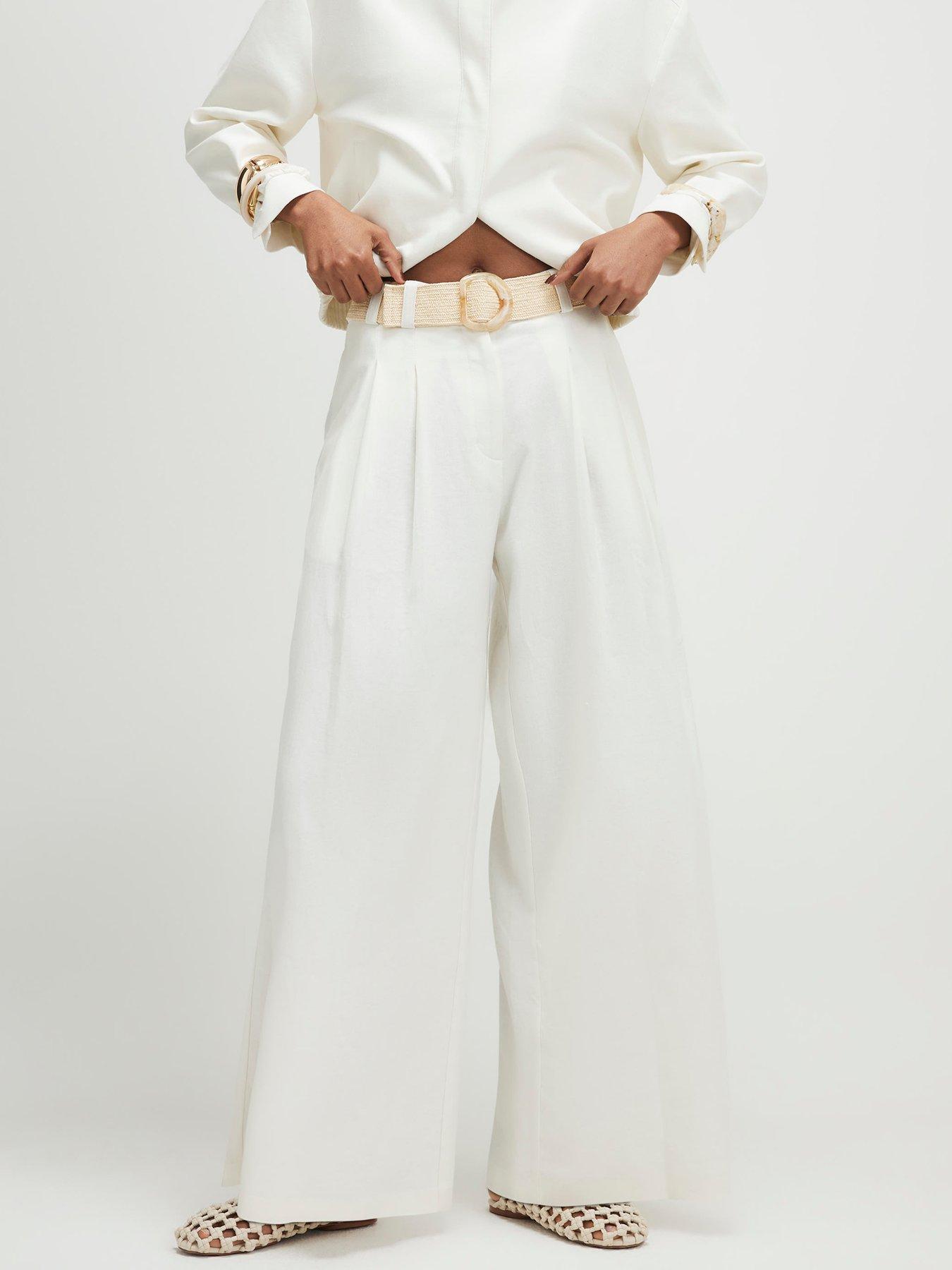 Image 1 of 6 of River Island Linen Belted Wide Leg Trousers - White