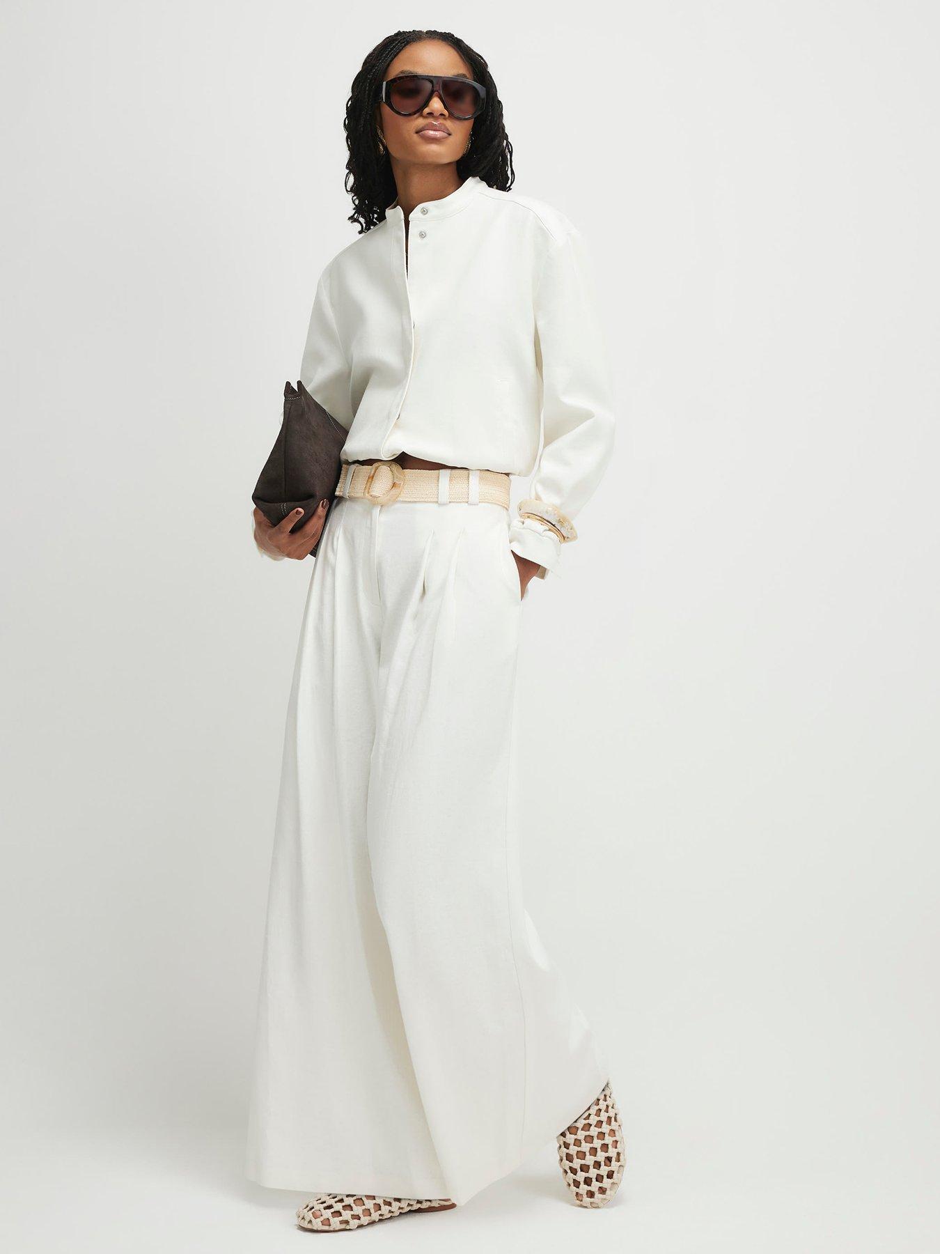 Image 3 of 6 of River Island Linen Belted Wide Leg Trousers - White