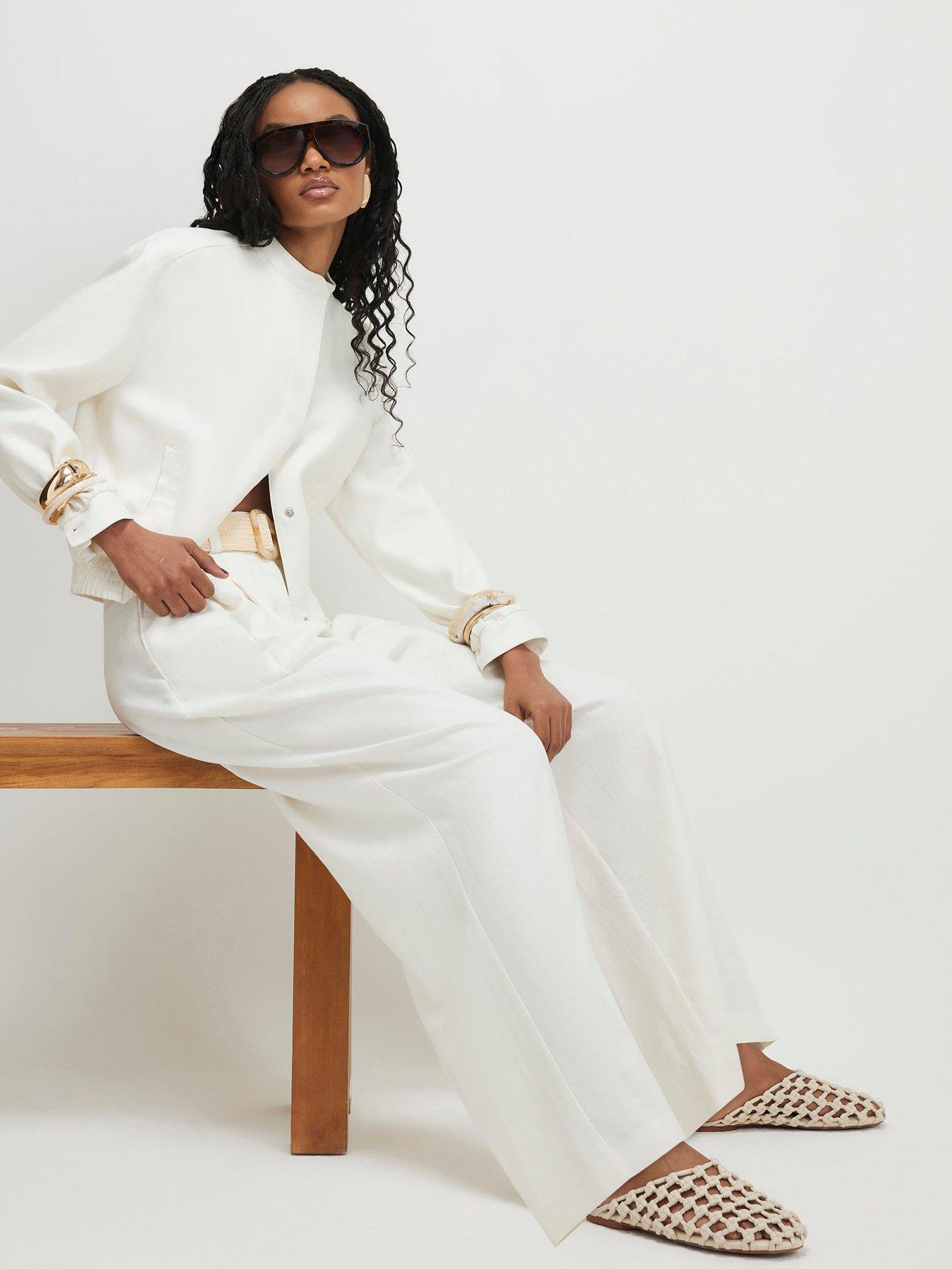 Image 4 of 6 of River Island Linen Belted Wide Leg Trousers - White