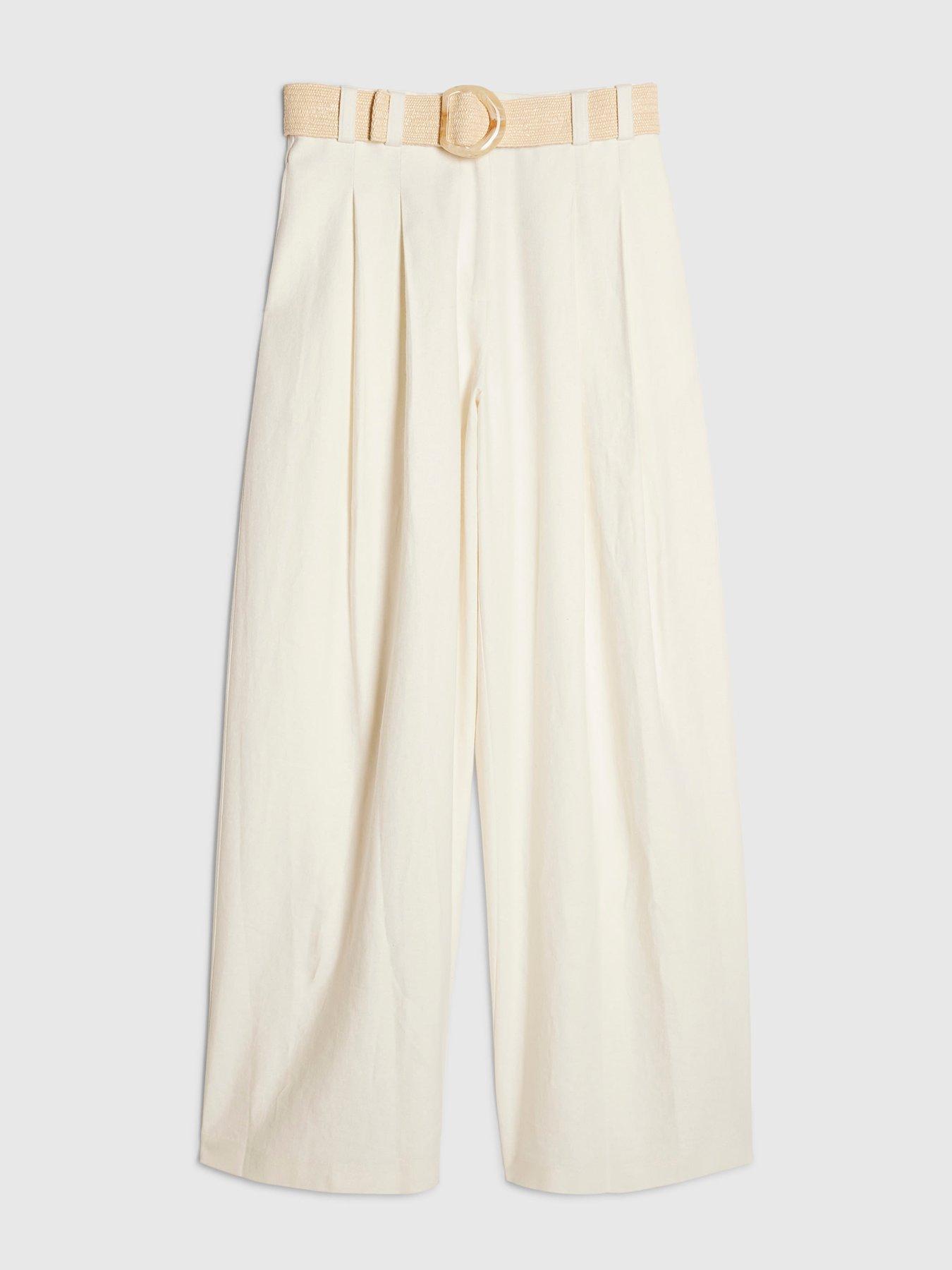 Image 5 of 6 of River Island Linen Belted Wide Leg Trousers - White
