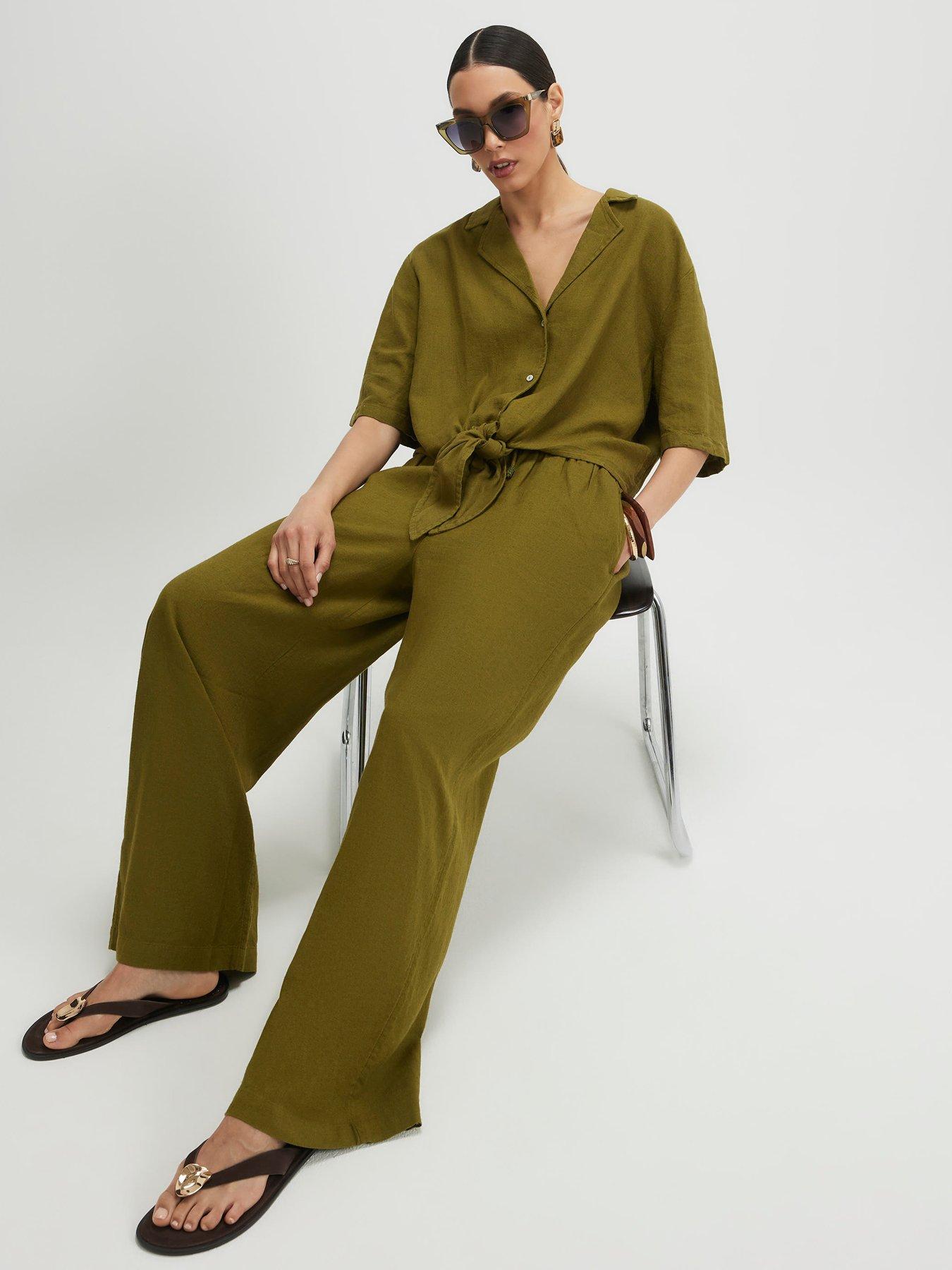 River Island Linen Blend Wide Leg Trousers - Green
