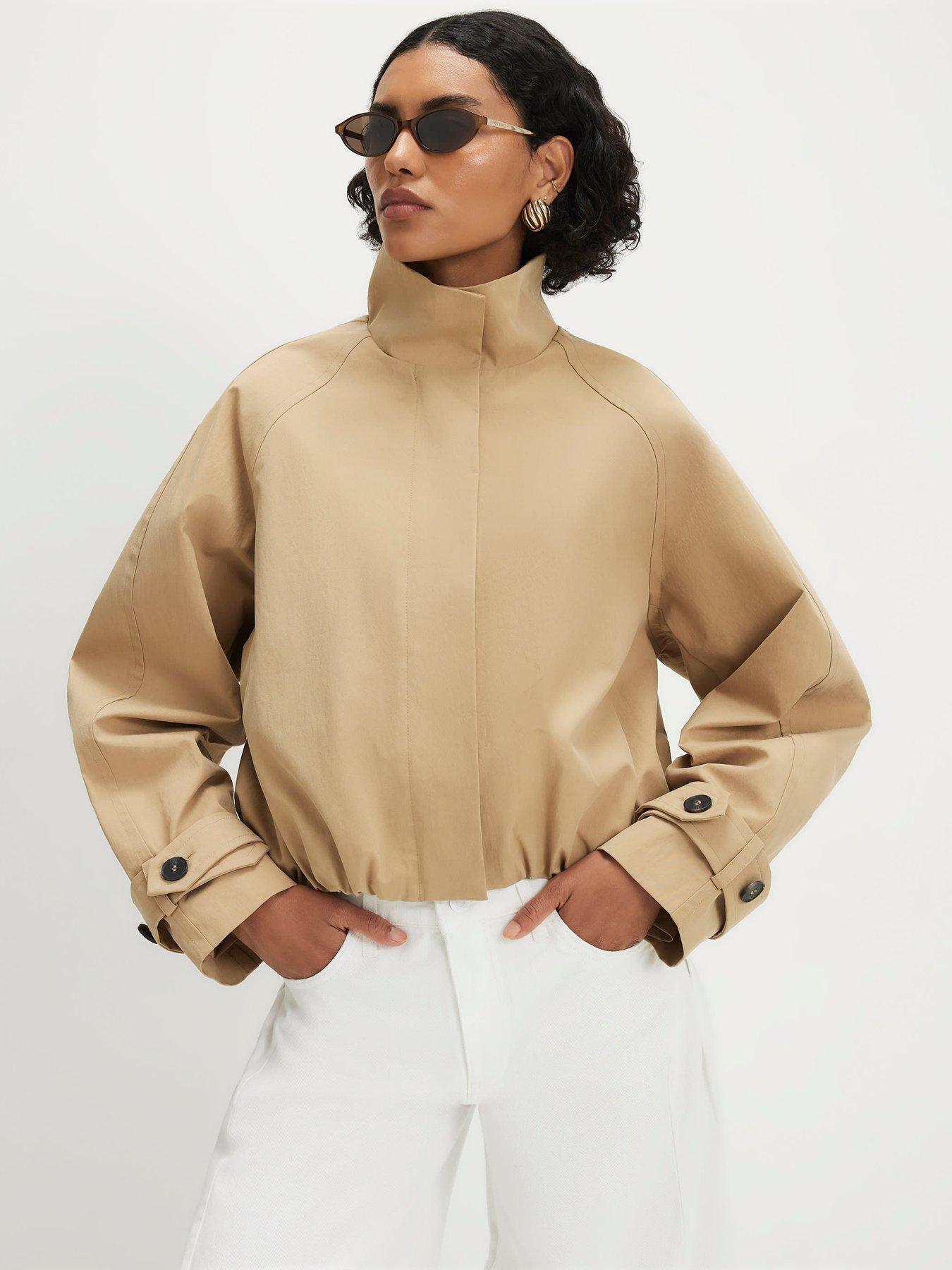 Image 1 of 5 of River Island Funnel Neck Chopped Trench Jacket - Beige