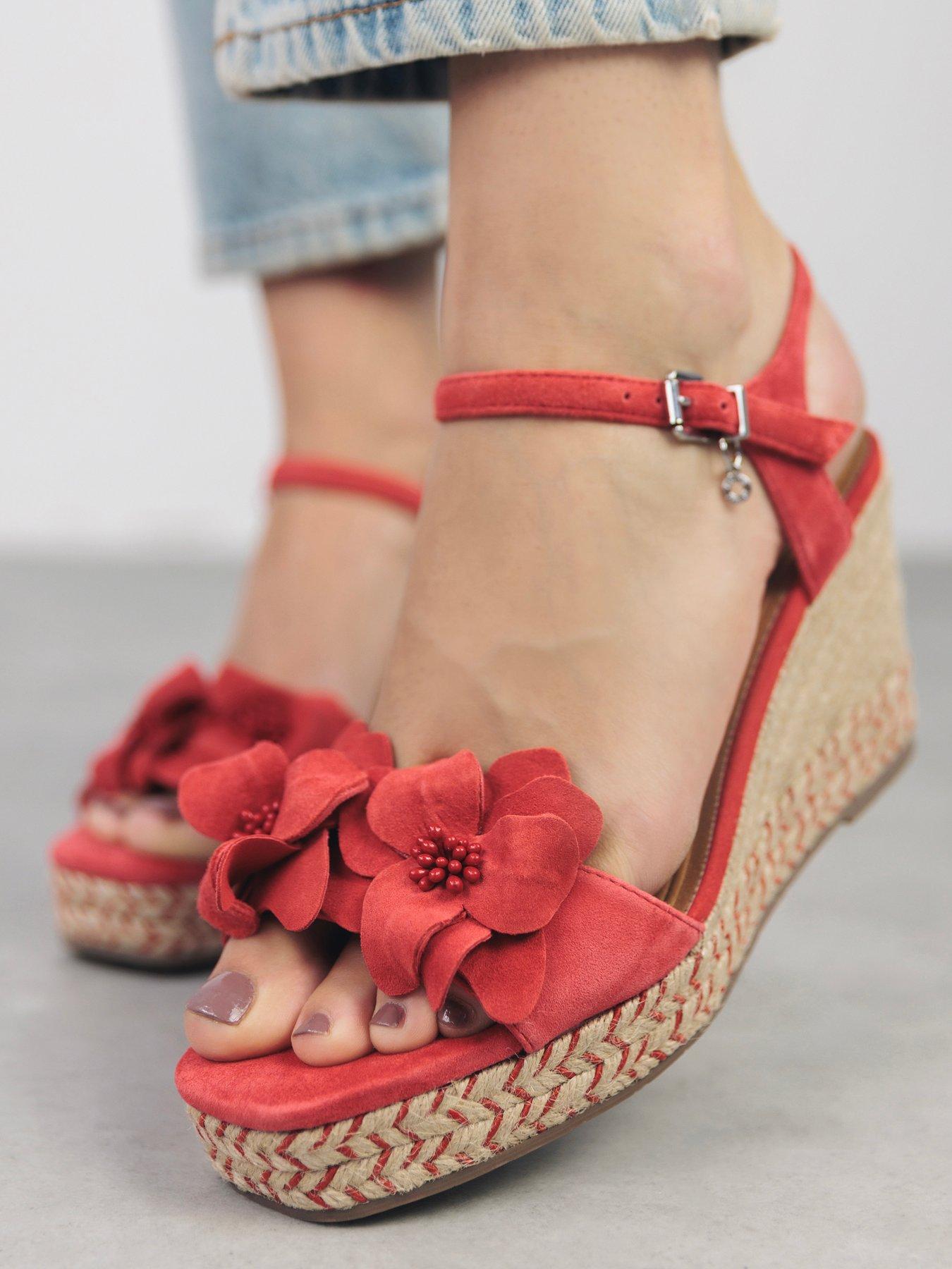 Image 1 of 5 of Moda In Pelle Mistee Red Suede Flower Detail Wedge
