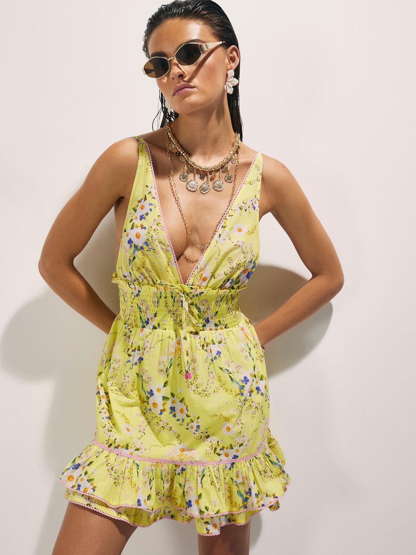 Image 1 of 6 of River Island Daisy Floral Print Mini Dress - Yellow