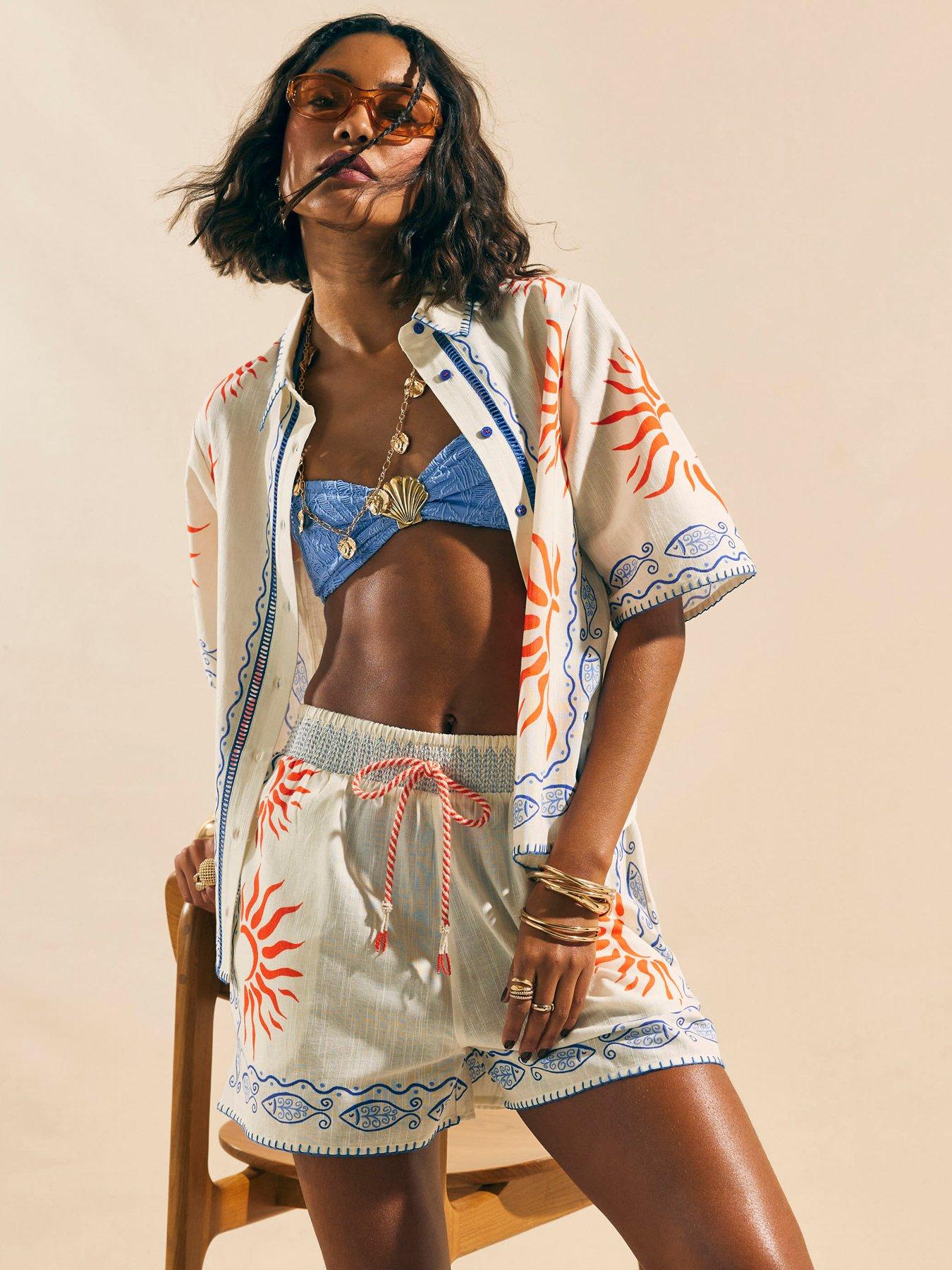 River Island Sun Printed Tie Waist Short - Cream