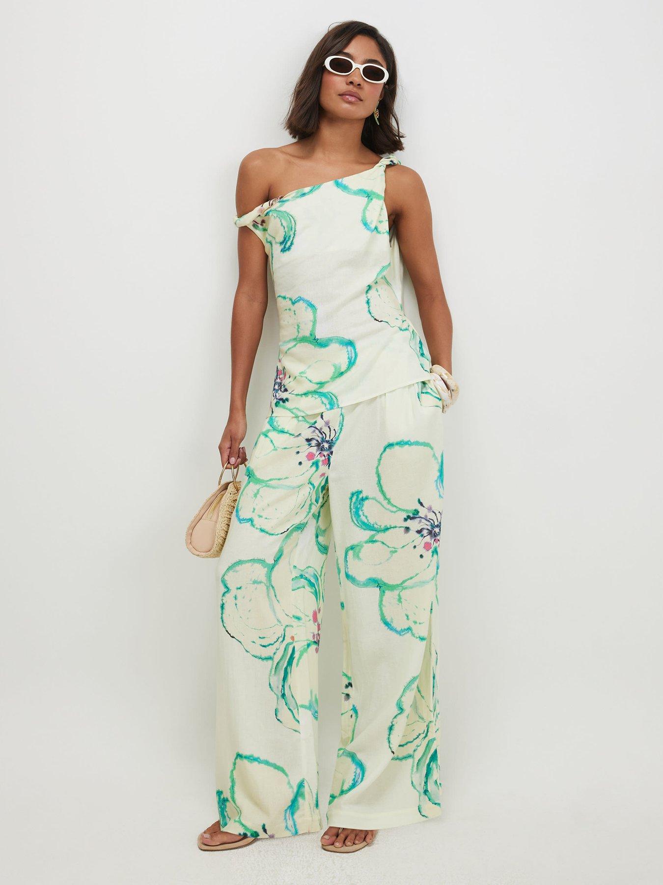 River Island Linen Printed Wide Leg Trouser - Green