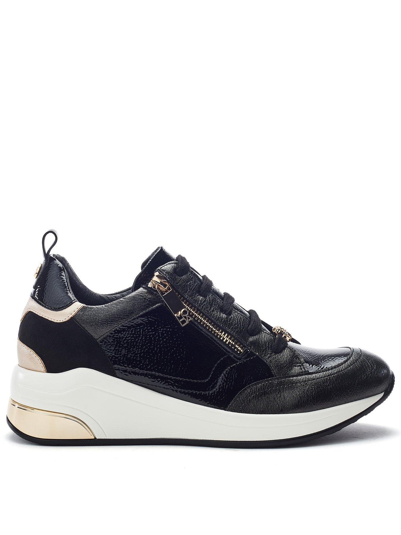 Moda In Pelle Corali Black Porvair Side Zip Wedge Trainer With Metallic Panels, Black, Size 7, Women