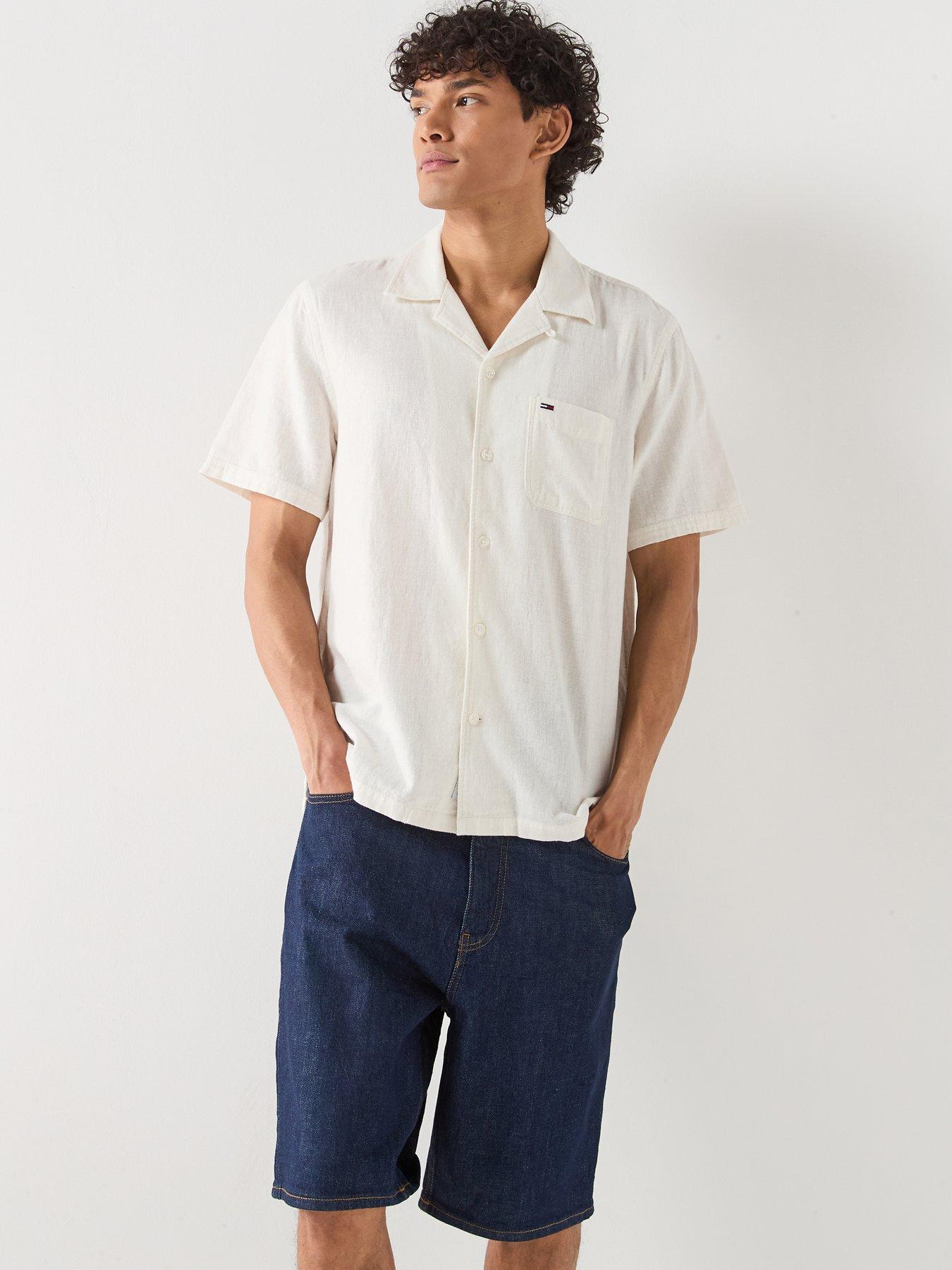 Tommy Jeans Linen Blend Camp Collar Short Sleeve Shirt, Off White, Size S, Men