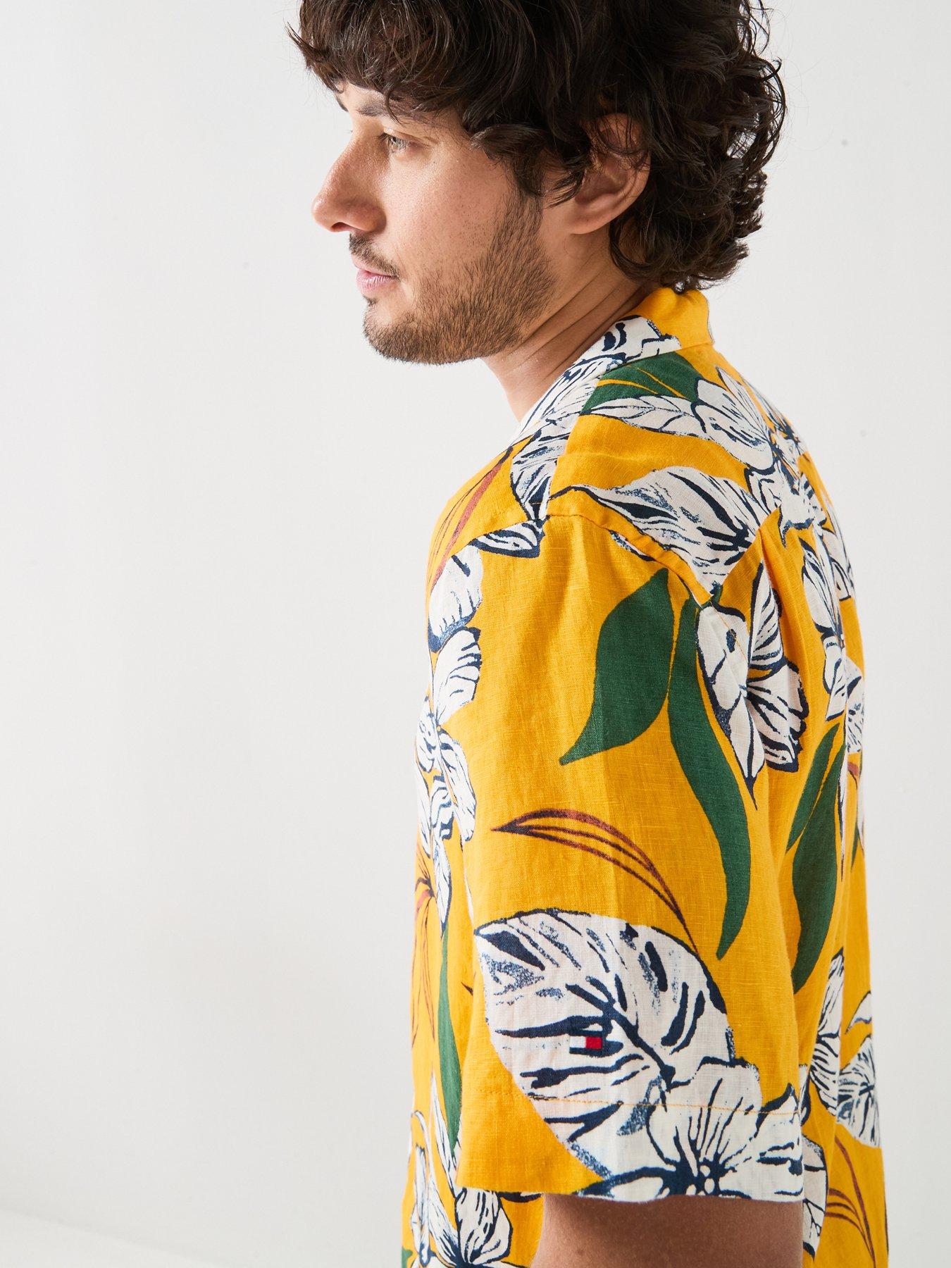 Image 4 of 6 of Tommy Hilfiger Linen Printed Short Sleeve Resort Shirt - White