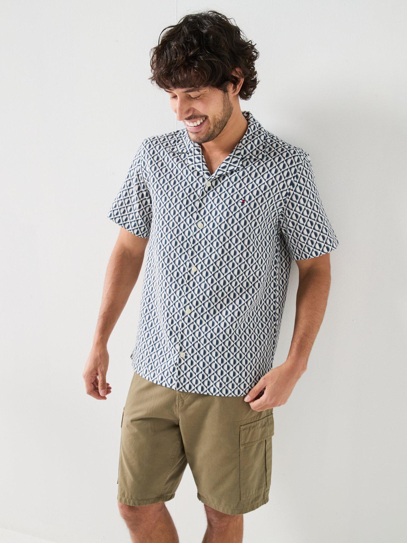 Tommy Hilfiger Linen Blend Ll Over Print Short Sleeve Shirt - Navy