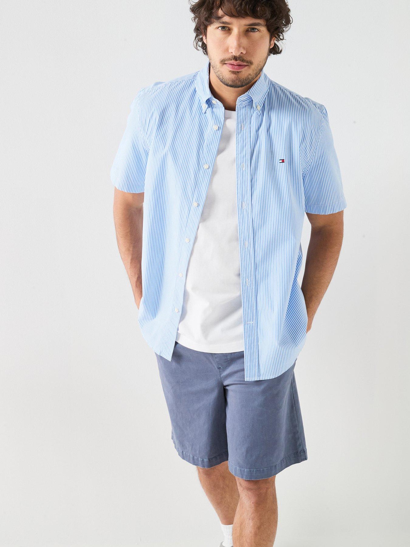 Tommy Hilfiger Striped Poplin Short Sleeve Shirt, Blue, Size M, Men