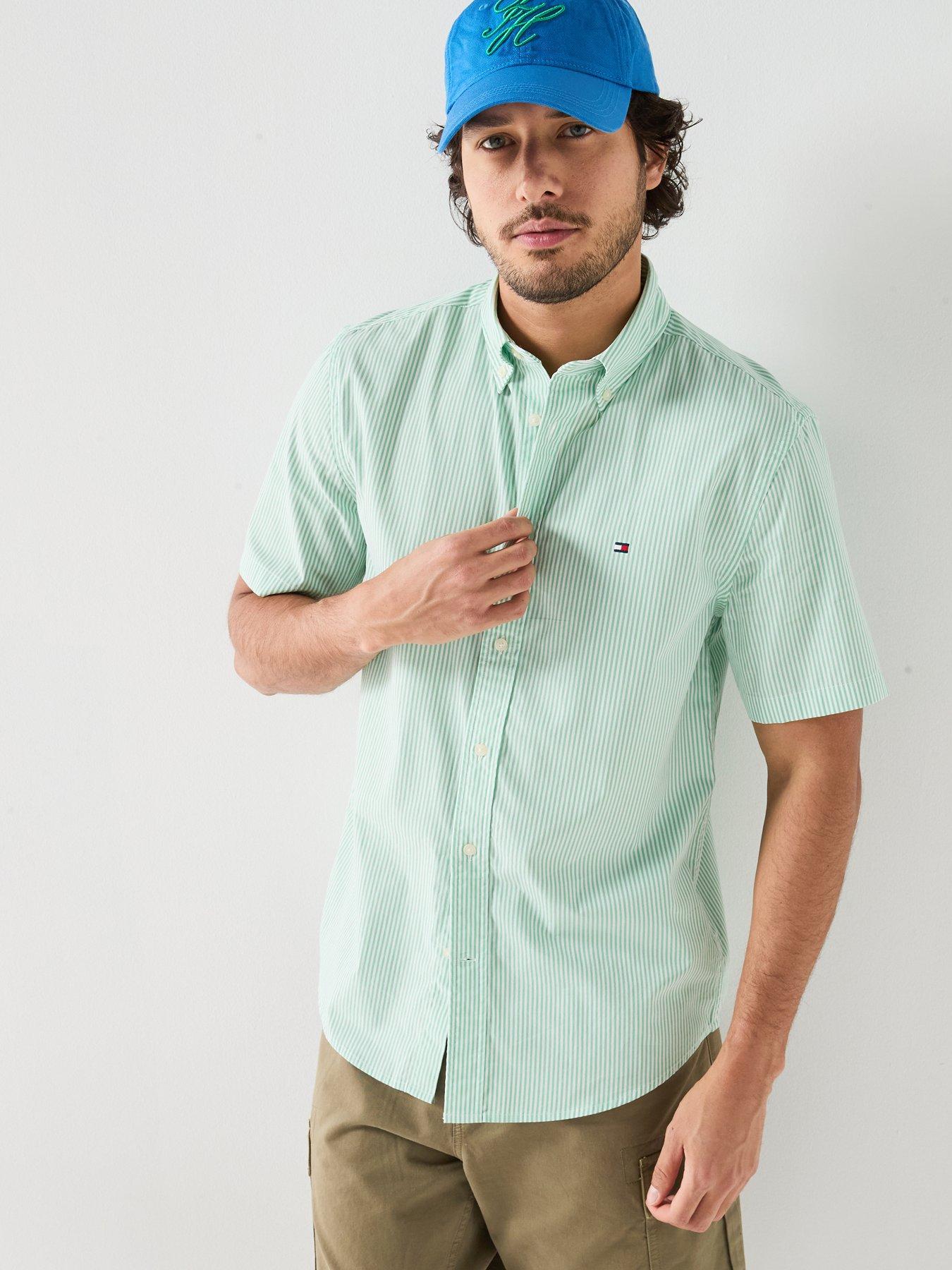 Tommy Hilfiger Striped Poplin Short Sleeve Shirt, Green, Size M, Men