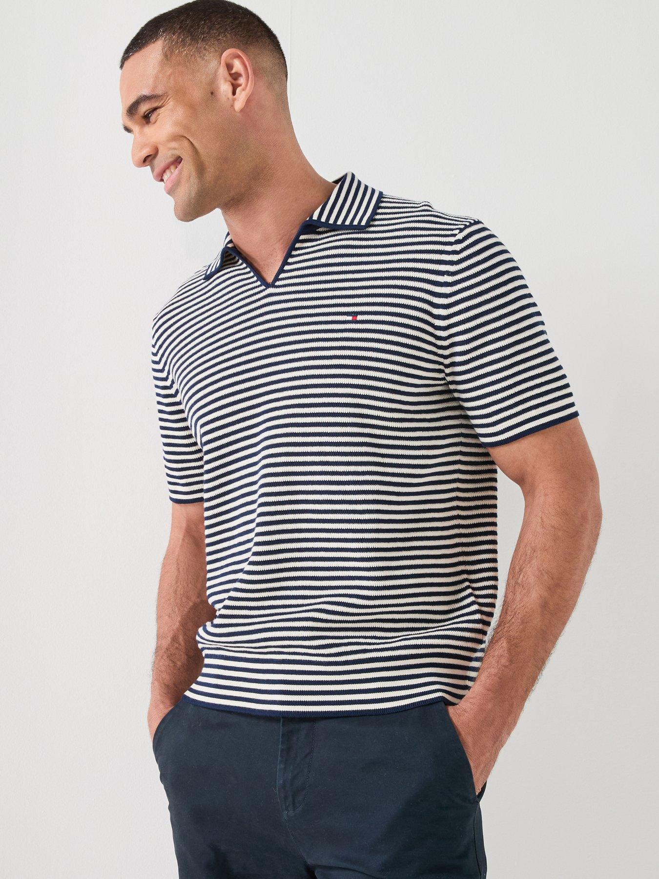 Tommy Hilfiger Structure Open Collar Striped Knitted Polo Shirt - Navy
