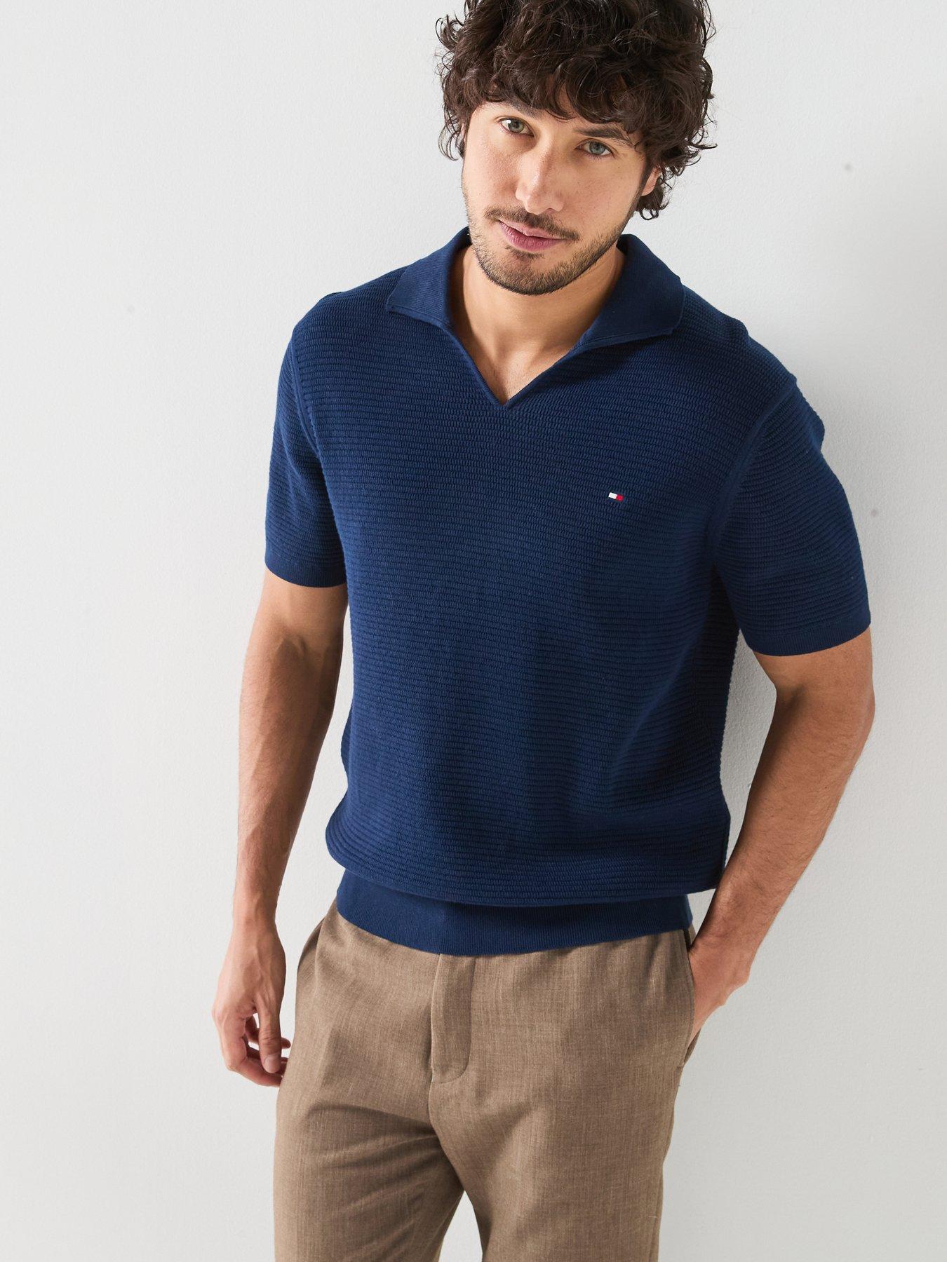 Tommy Hilfiger Structure Open Collar Knitted Polo Shirt - Navy