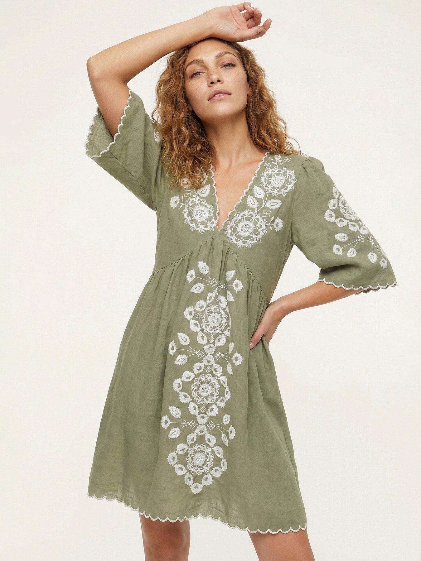 Raffya Arabella V- Neck Embroidered Mini Dress In Sage Green