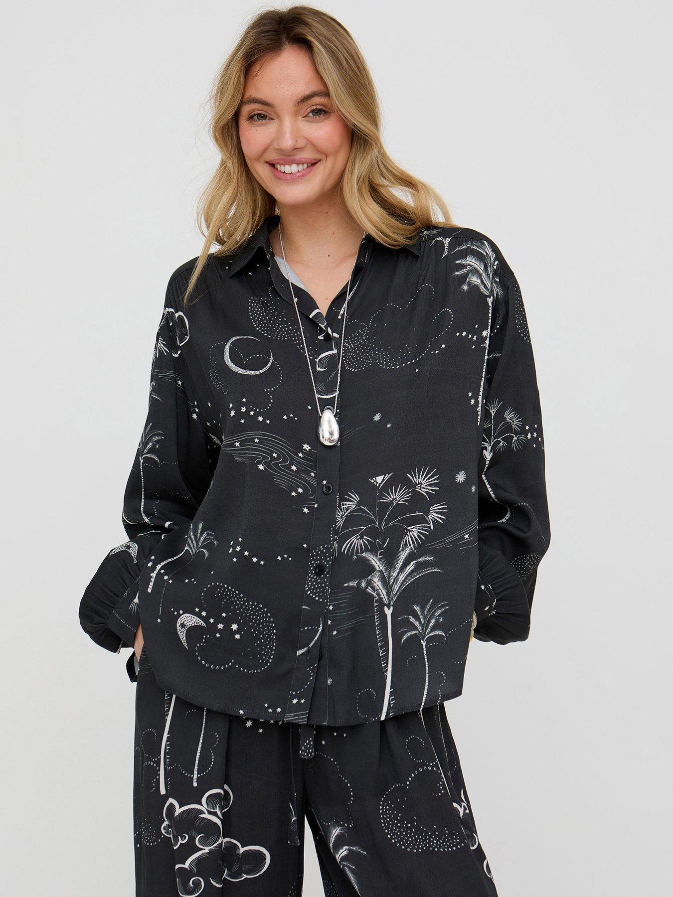 Raffya Palm Button Down Palm Print Shirt In Black