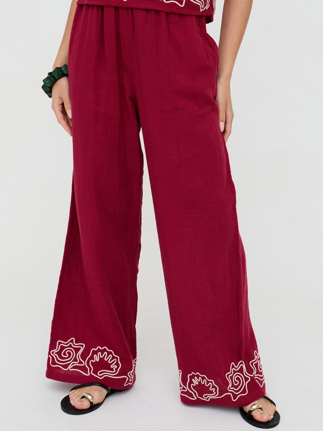 Raffya Milly Wide Leg Embroidered Trouser In Berry